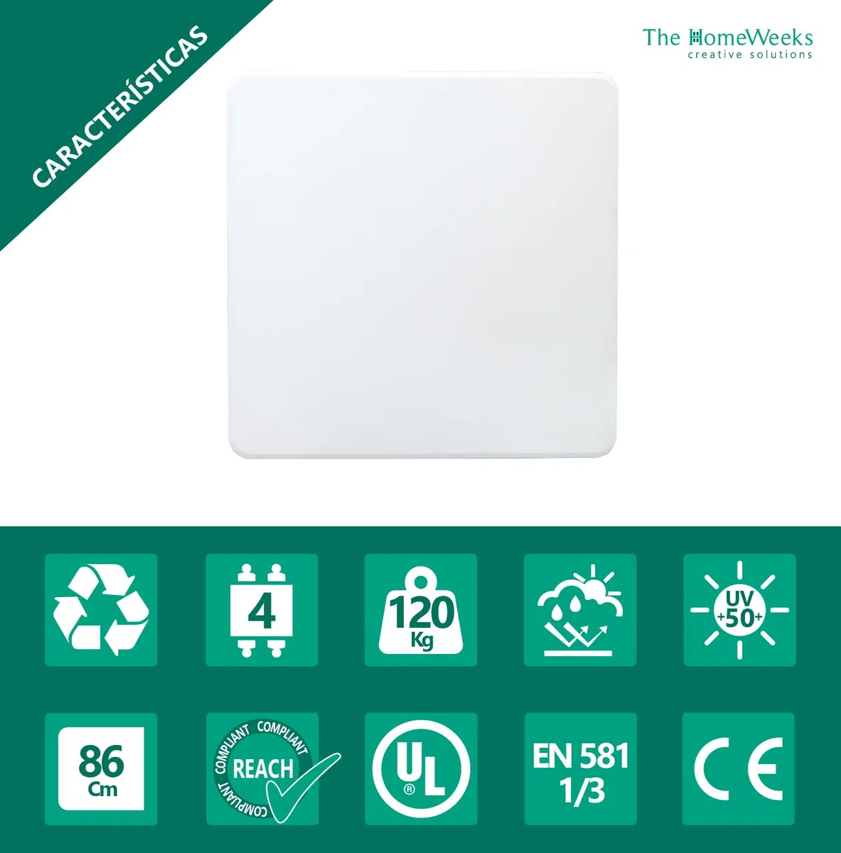 The Homeweeks Mesa plegable "SOLID SQUARE" 86*86*74cm | Portátil Multifuncional | Normativa Uso Público Interior/Exterior | EN 581-1/3 | Tablero Resina HDPE 3,8cm |4 Personas Carga 120 kg | Multiusos