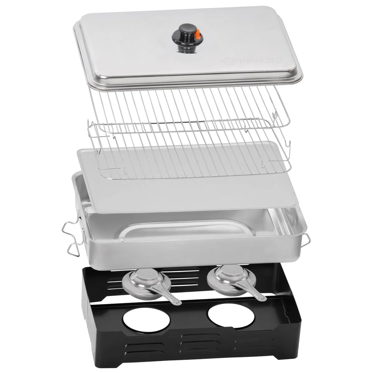 Mahlzeit Horno de Mesa para Ahumar con 2 Niveles de Acero Inoxidable | 47 x 27,5 x 20 cm | Ahumador de Acero Inoxidable | Caja para Ahumar, Horno de Pescado | Ahumador con 2 Quemadores