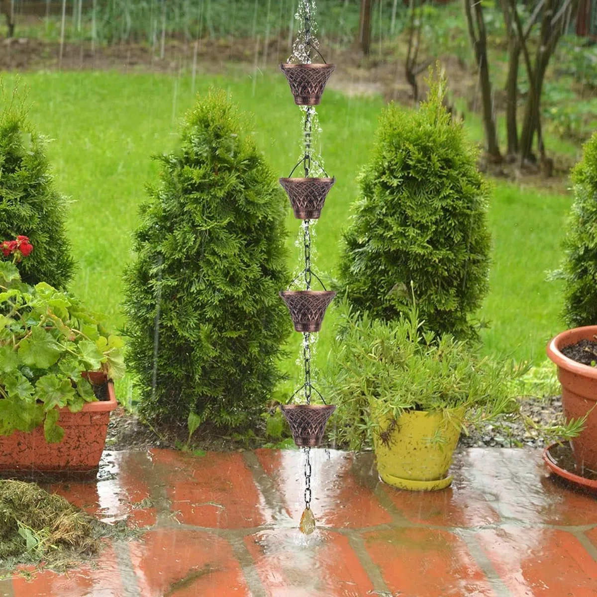 Cadenas de lluvia | Extensión de drenaje decorativa de 9 pies, cadena de lluvia de cobre de 12 tazas | para jardín al aire libre, techo, cenador, toldo, árbol