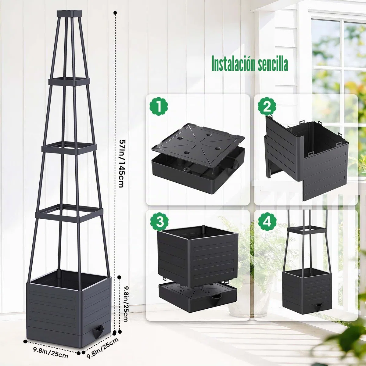 Tutores Plantas,145cm Cajas de Plantación con Riego Automático，Altura Ajustablesoporte Plantas Trepadoras，para Plantas Trepadoras Verduras Flores al Aire Libre y de Interior (2 Pack)