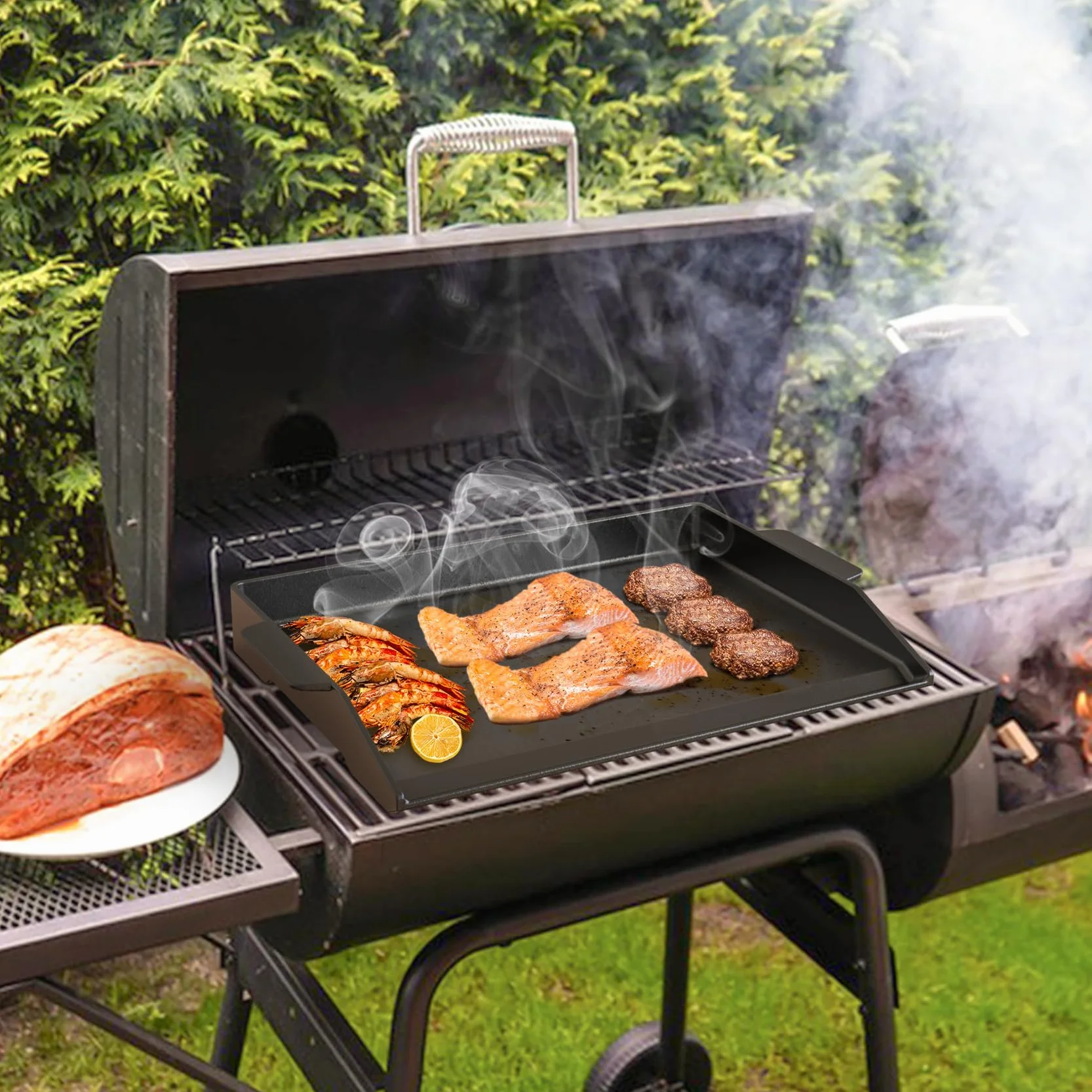 Onlyfire BBQ Griddle Plancha Universal de Hierro Fundido Esmaltado, Placa de parrilla con Paredes Laterales Extra Altas para Parrilla de Gas y Estufa, 52.5 x 40.5 cm