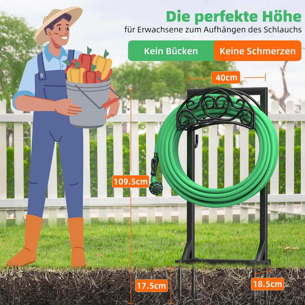 Soporte para manguera de Jardin de 109,5 cm, Soporte para Manguera de Riego de 45 m, con 2 Ganchos para Herramientas y 4 Puntas de Anclaje, Soporte e Independiente para el Jjardín y el Césped