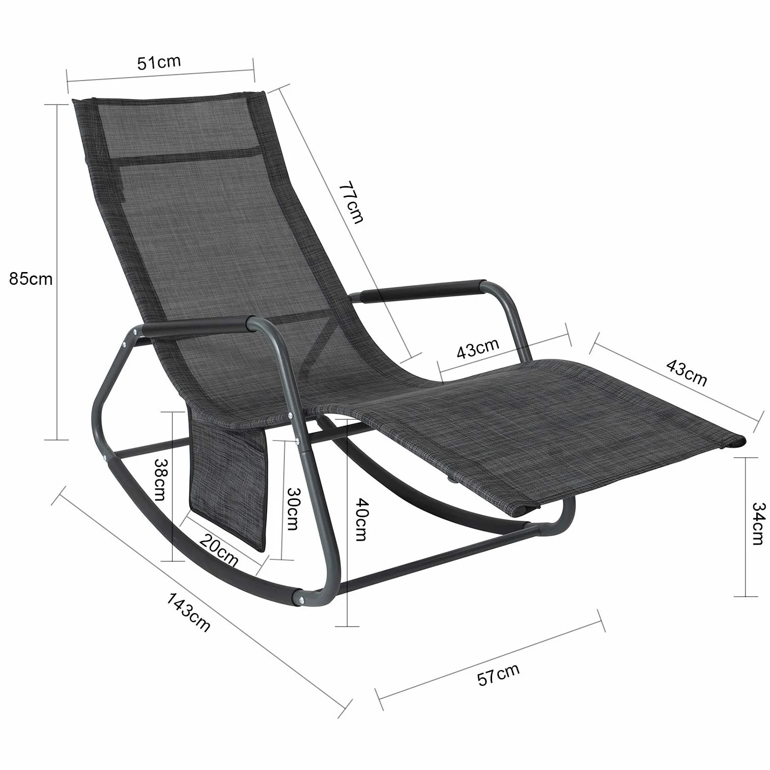 SoBuy Tumbona Mecedora de Jardín Silla Playa con Bolsillo Lateral Sun Lounger Silla de Playa y Terraza para Camping, Patio o Piscina Negro/Gris 143x57x85 cm OGS47-MS