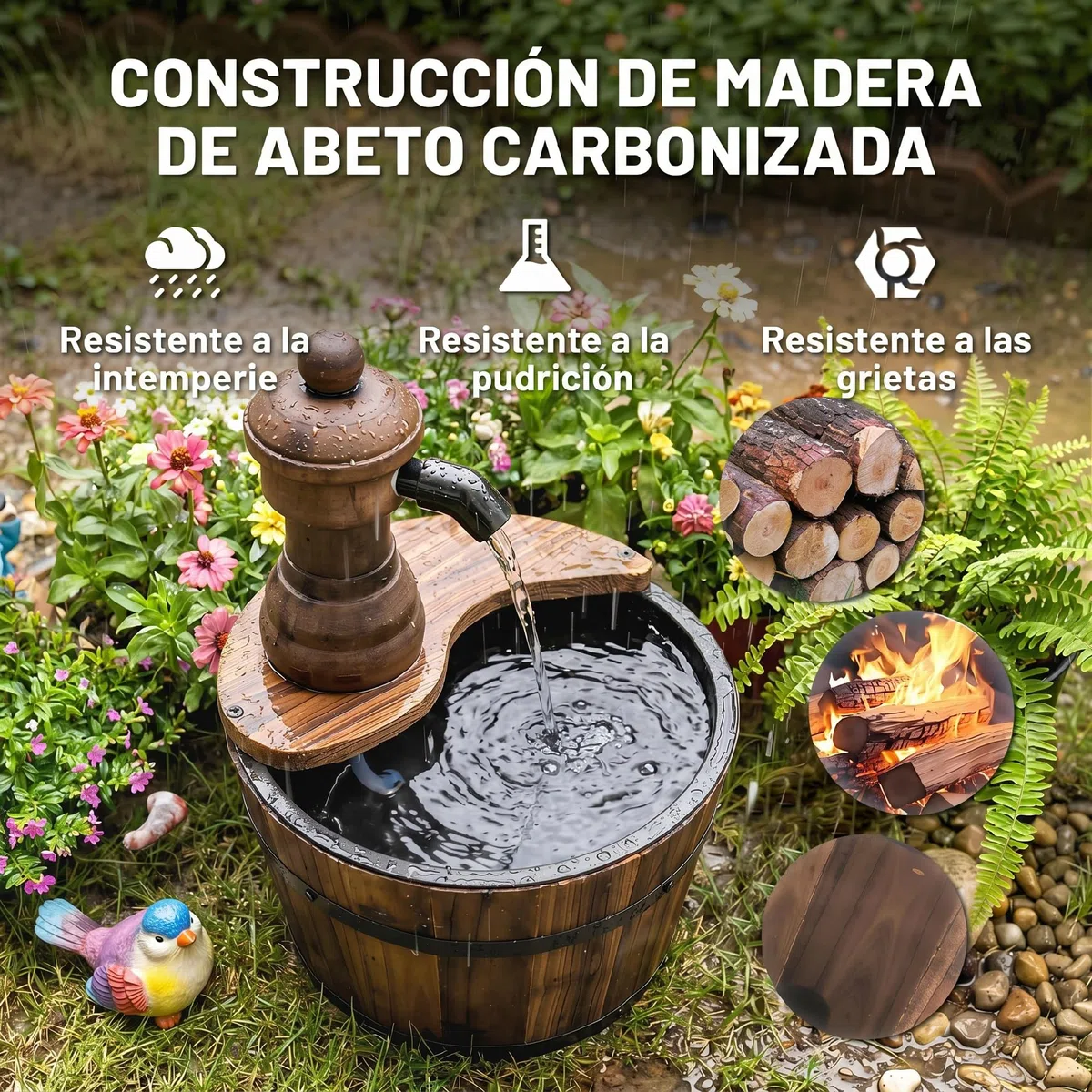 Outsunny Fuente de Agua de Madera Fuente de Jardín en Cascada con Bomba Eléctrica y Salida de Agua Ajustable para Decoración Patio Terraza 27x27x37 cm Natural