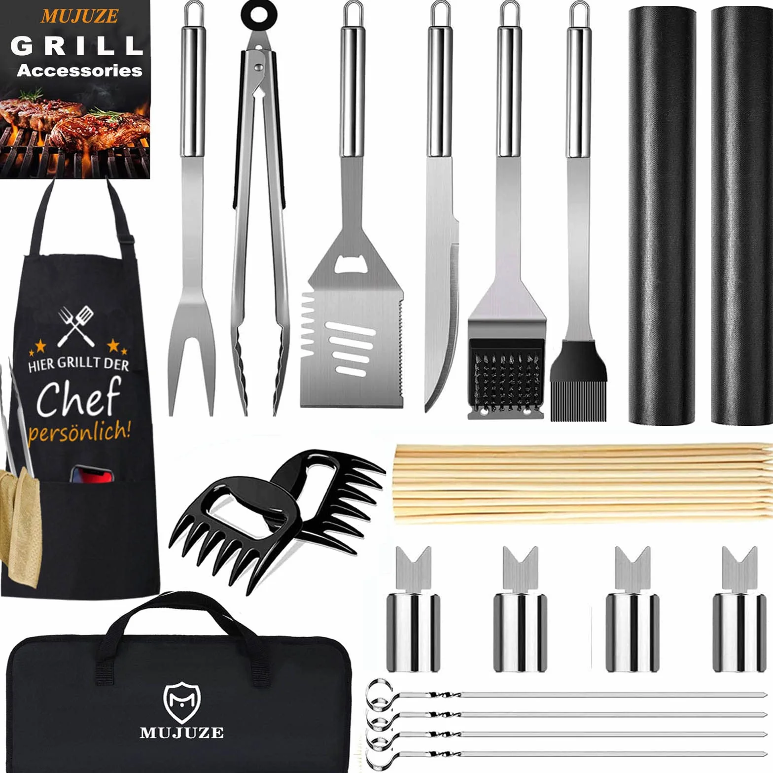 MUJUZE Kit Barbacoa,Regalo para Hombres Utensilios Barbacoa,21 Piezas Kit de Barbacoa Camping Profesionales de Acero Inoxidable,con Delantal para BBQ