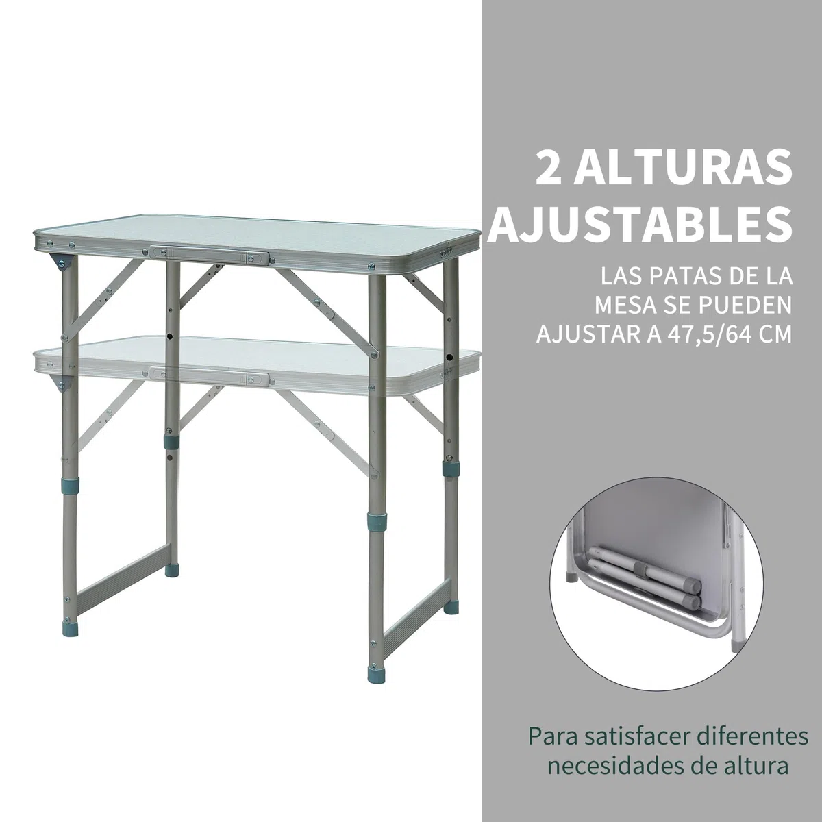 Outsunny Mesa de Camping Plegable Mesa Plegable Portátil Multifuncional con Altura Ajustable en 2 Niveles Marco de Aluminio para Jardín Balcón Patio Exterior 60x45x64 cm Blanco