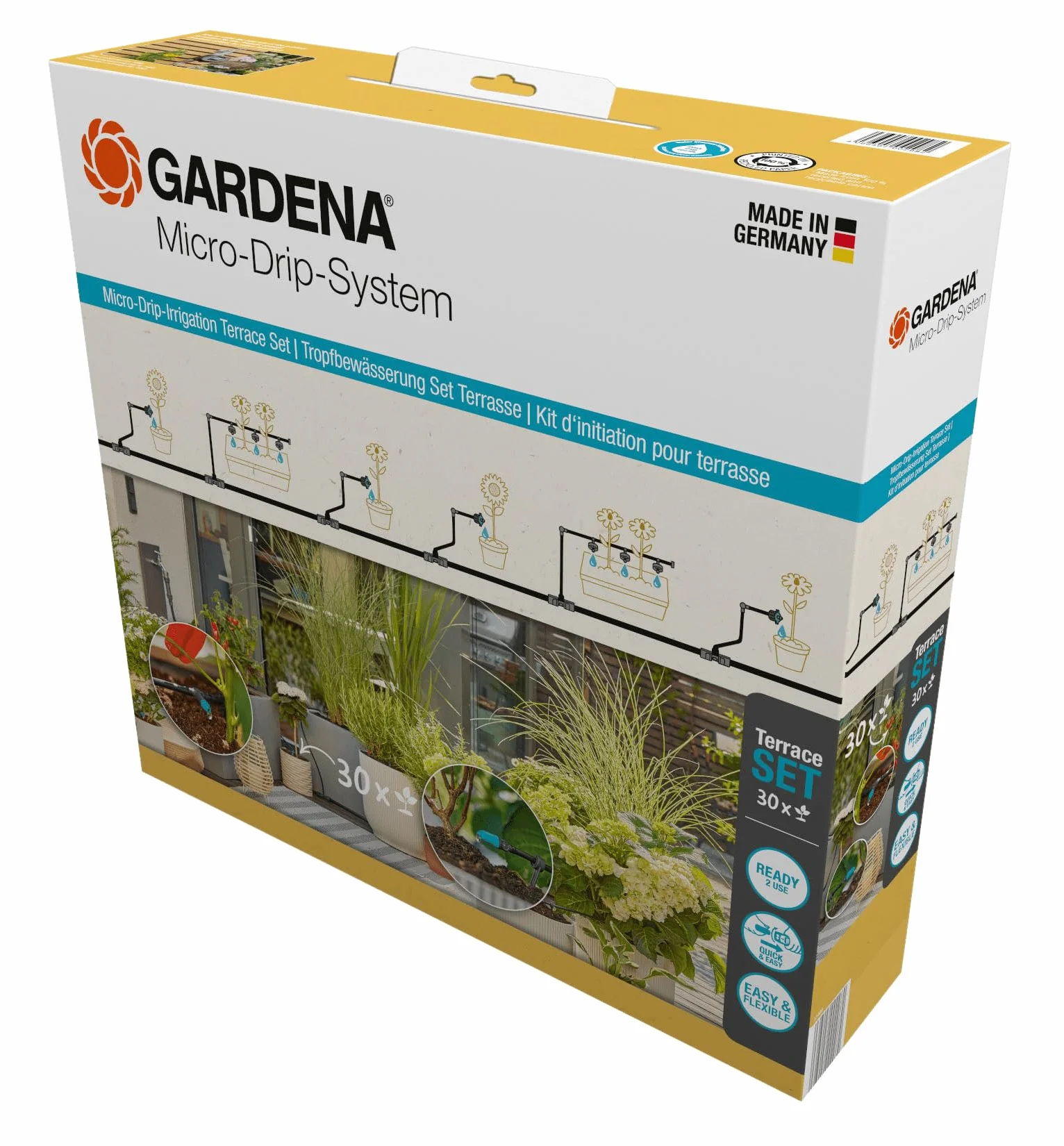 Gardena Sistema Micro-Drip Set de riego por Goteo para terraza (30 Plantas): Set de Inicio, de instalación inmediata, Sistema de riego eficiente, técnica de conexión fácil & Flexible (13400-20)