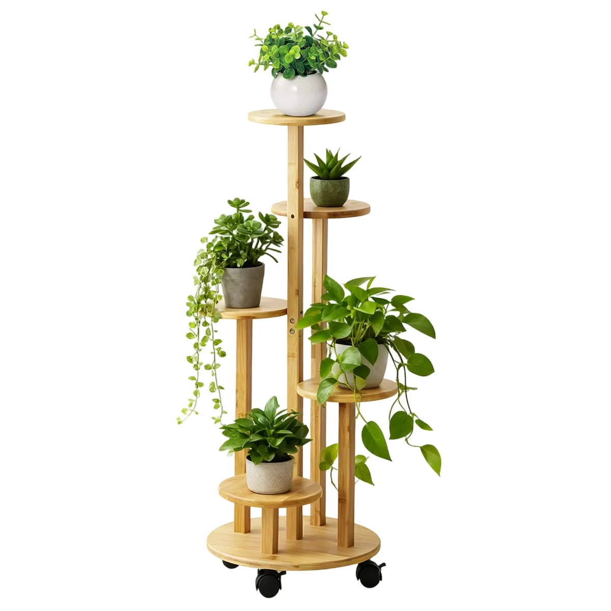 Soporte de flores de bambú alto y bajo, soporte para flores de disco, soporte para macetas de pothos con ruedas para balcón de sala de estar, soporte de flores de interior