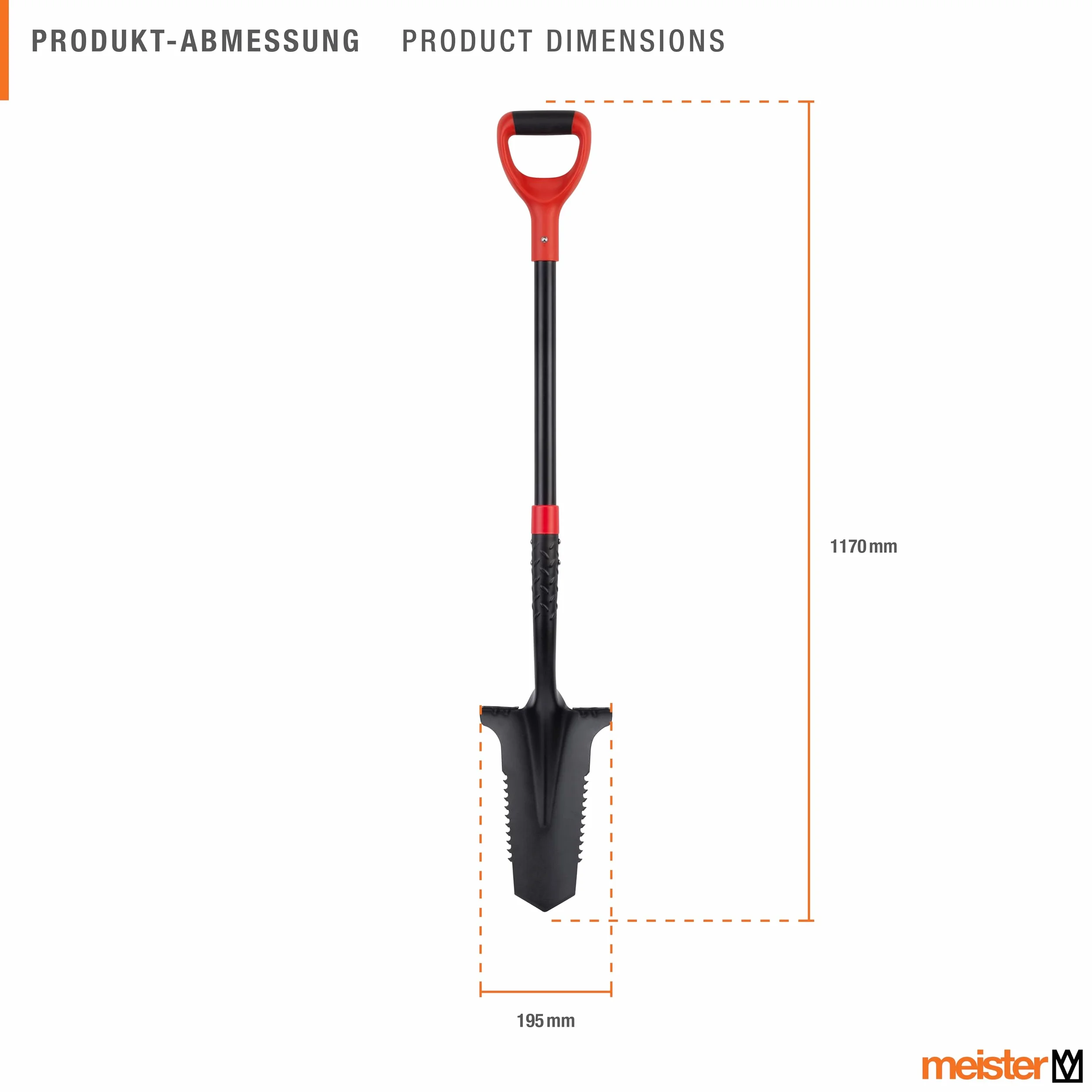 Meister 9872240 - Pala con sierra de raíz para raíces de hasta 3 cm - 195 mm de ancho de trabajo - Mango ergonómico en D - para jardín, construcción y mantenimiento de paisaje/pala de raíz para jardín