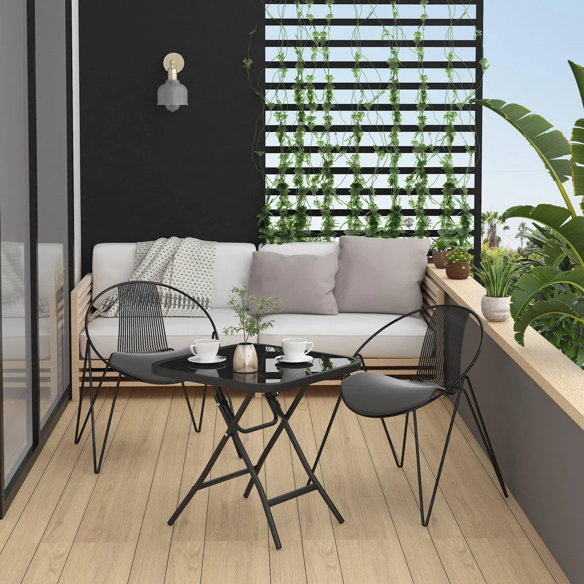 eSituro Mesa Auxiliar Plegable, Mesita de Jardin, Mesa Plegable Exterior Pequeña para Terraza, Balcón y Patio, Metal Tablero de Cristal, Cuadrada Negro 46x46x48cm