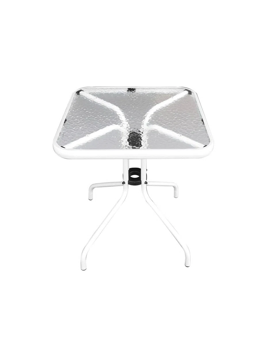 Jardin202 - Mesa de Cristal 60x60x70 cm Cuadrada con Base Metálica Resistente - Ideal para Terraza, Jardín o Balcón | (Blanco)