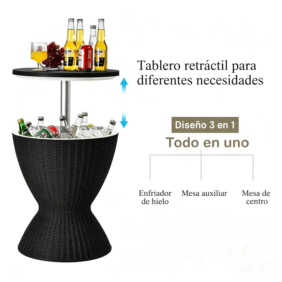 GYMAX Cool Bar 30L Mesa Auxiliar 3 en 1 con Tablero Extensible para Bebidas y Aperitivos, Enfriador de Bebidas en Aspecto de Ratán, Enfriador de Cerveza y Vino para Jardín, Terraza (Negro)
