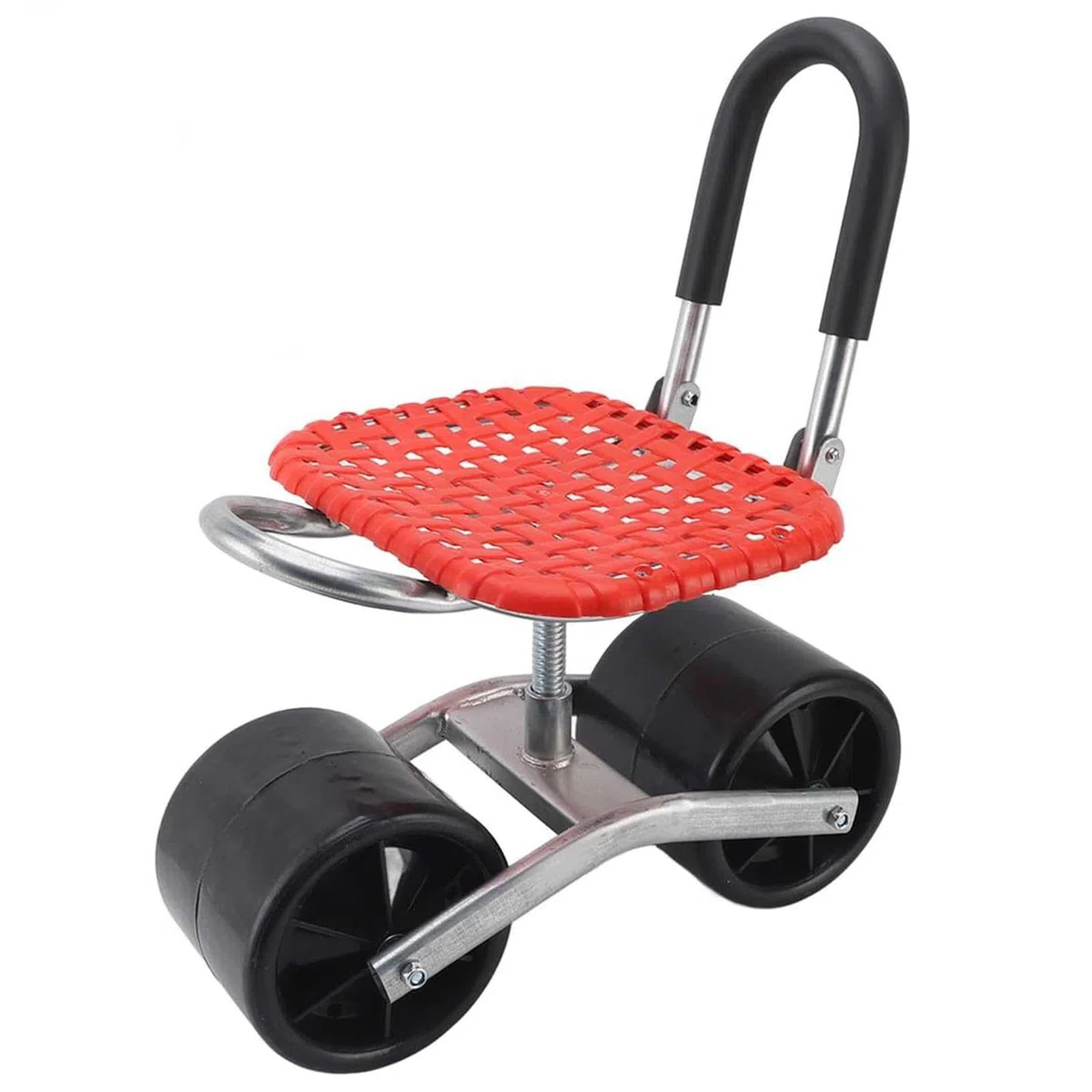 Taburete de jardín con ruedas, asiento con ruedas para carrito de jardín móvil hasta 130 kg, asiento giratorio de 360 grados, neumáticos de goma anchos para jardinería, carro de taller, carrito