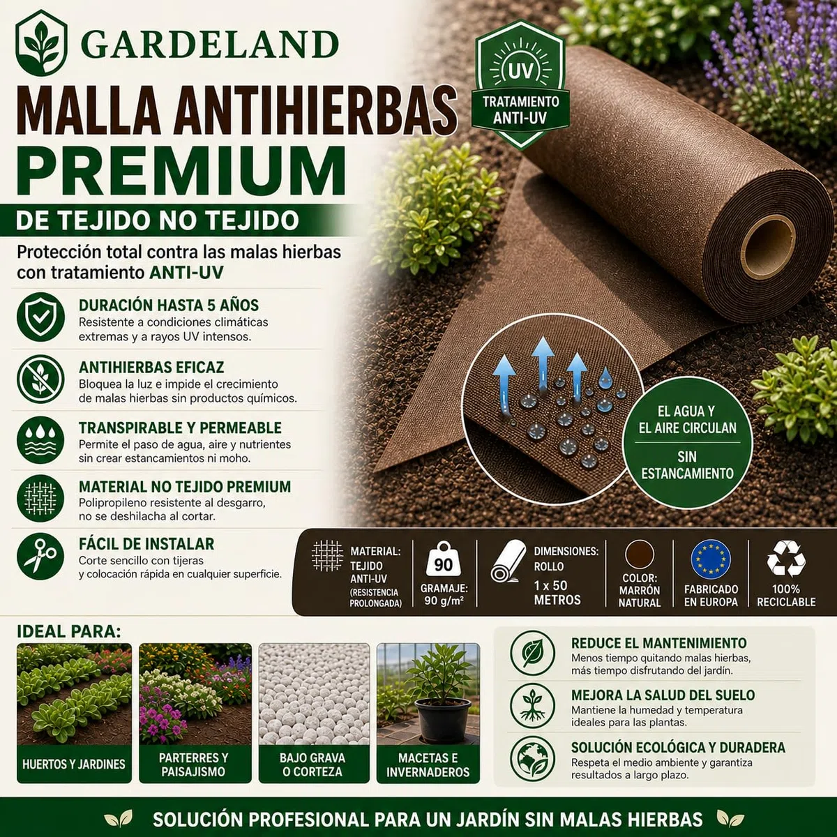 Malla Antihierbas Marron Tela Antihierbas Jardin - Premium 5 AÑOS a la Intemperie - Tratamiento UV - Rollo de 50 Metros x 1 Metro - 90 gr/m2, Geotextil, NO DESHILACHA al Corte, Made in EU