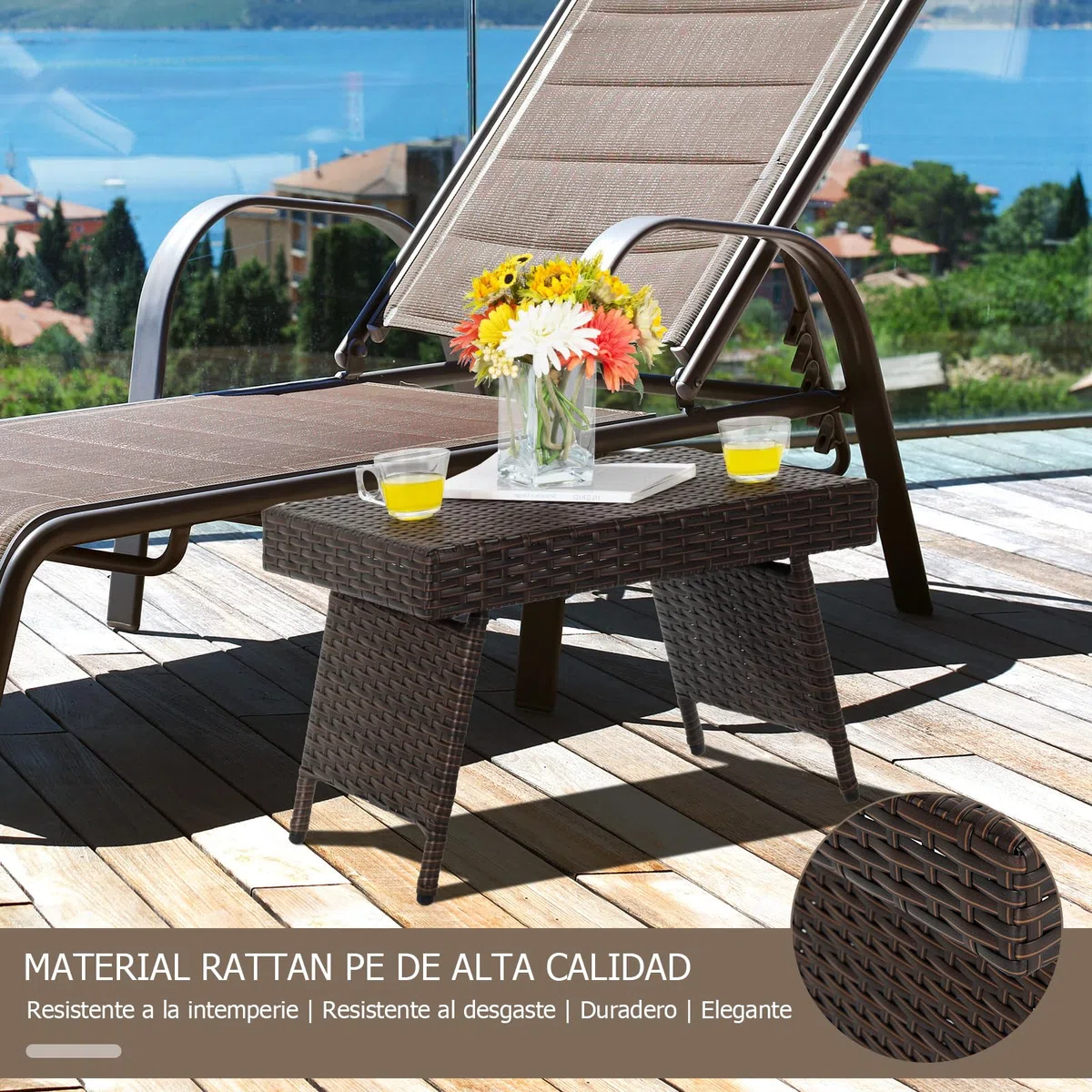 GOPLUS Mesa Baja Jardín Plegable de Ratán, Mesa Auxiliar con Estructura de Acero Resistente y Patas Ajustables, Mesa de Café sin Montaje Ahorra Espacio para Exterior Terraza Piscina, 60 x 40 x 40 cm
