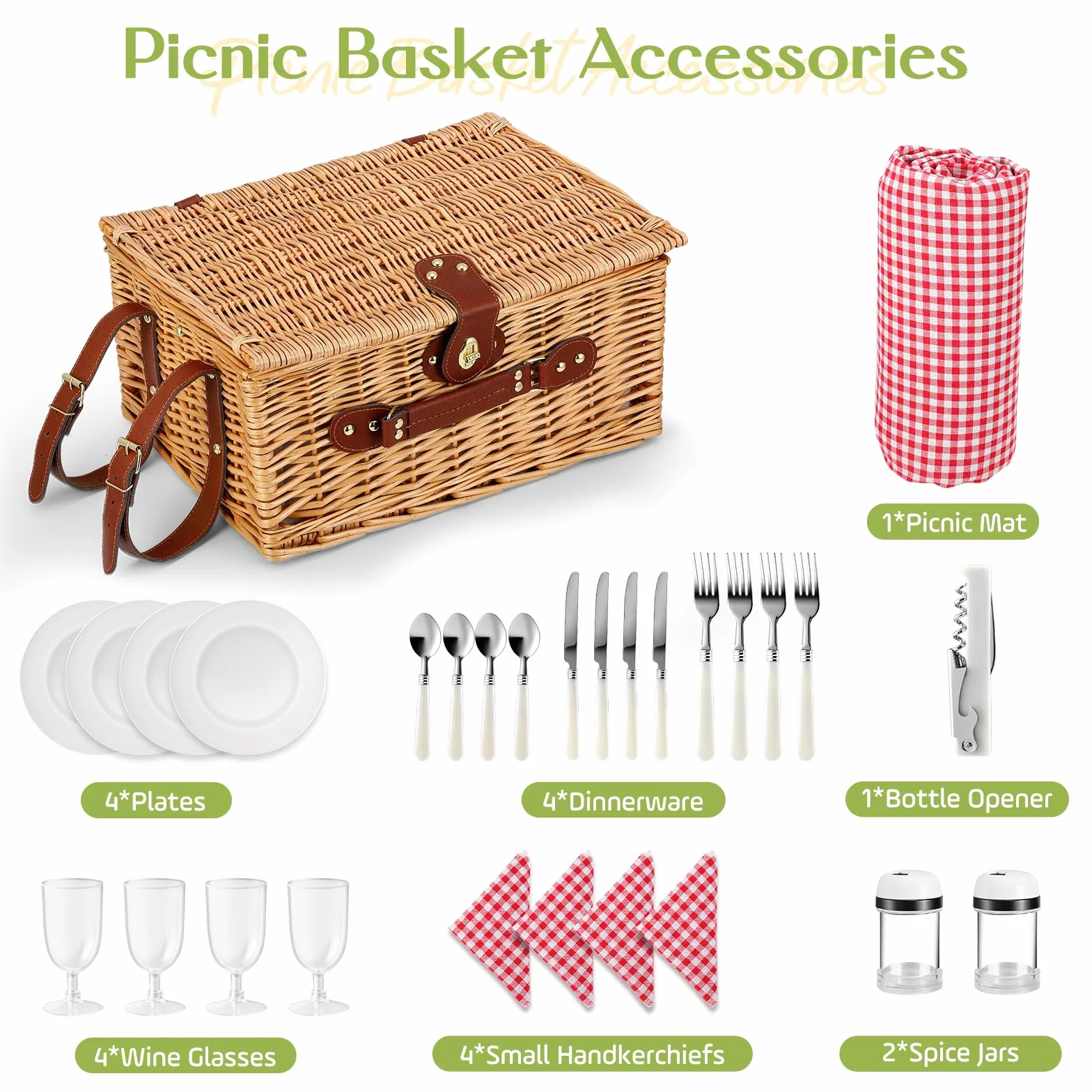 Cesta de Picnic Mimbre para 4 Personas, Cesta Trenzada a Mano con Aislamiento Integrado y Manta Impermeable – Set Completo con 4 Cubiertos, Platos, Vasos para Camping Playa jardín