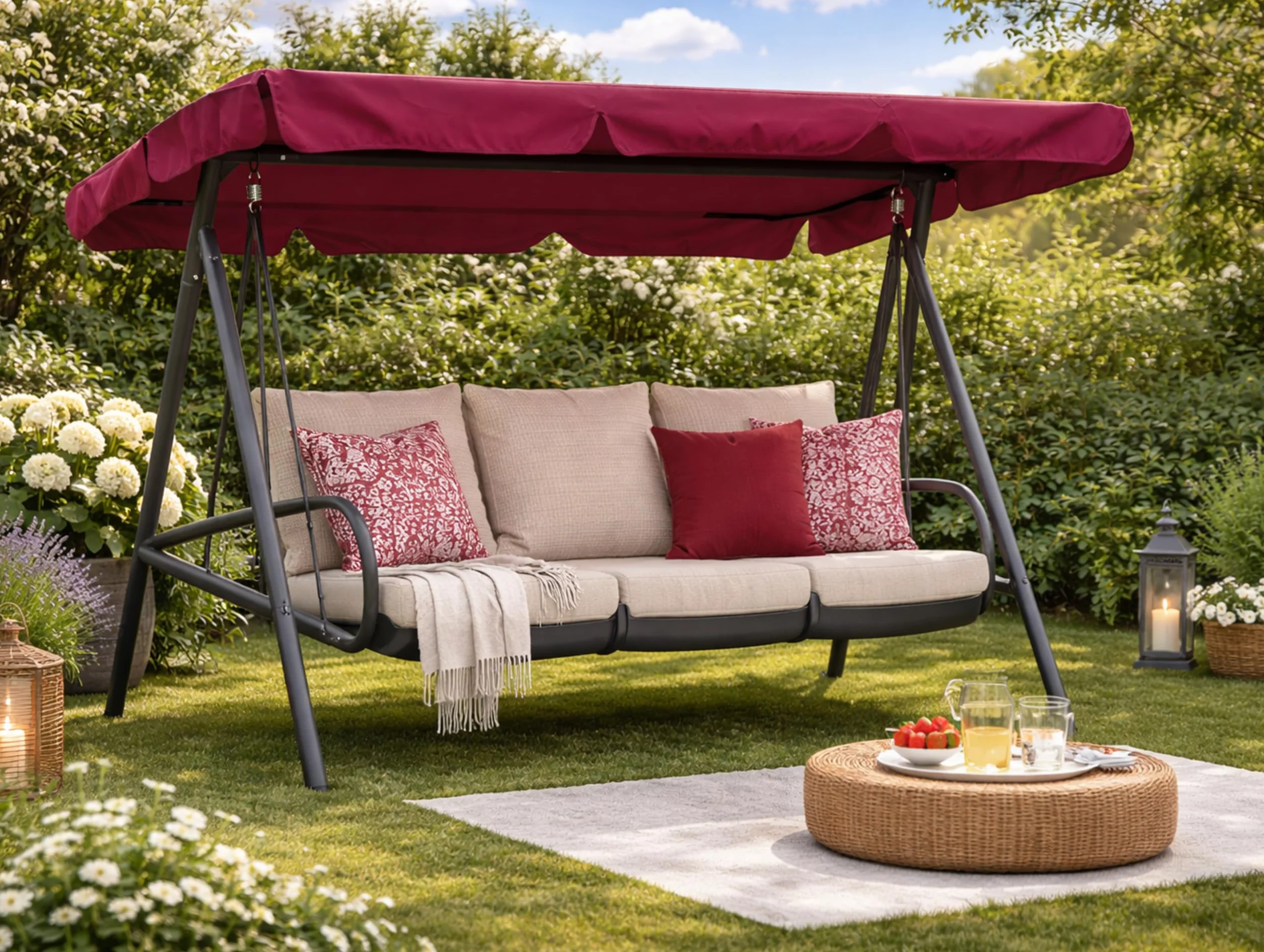 QUICK STAR Techo Columpio 200 x 145 cm Burdeos Impermeable | Funda Repuesto Balancin | Toldo de Reemplazo Universal UV 50 | Cubierta para Columpio de Jardín de 3 Plazas