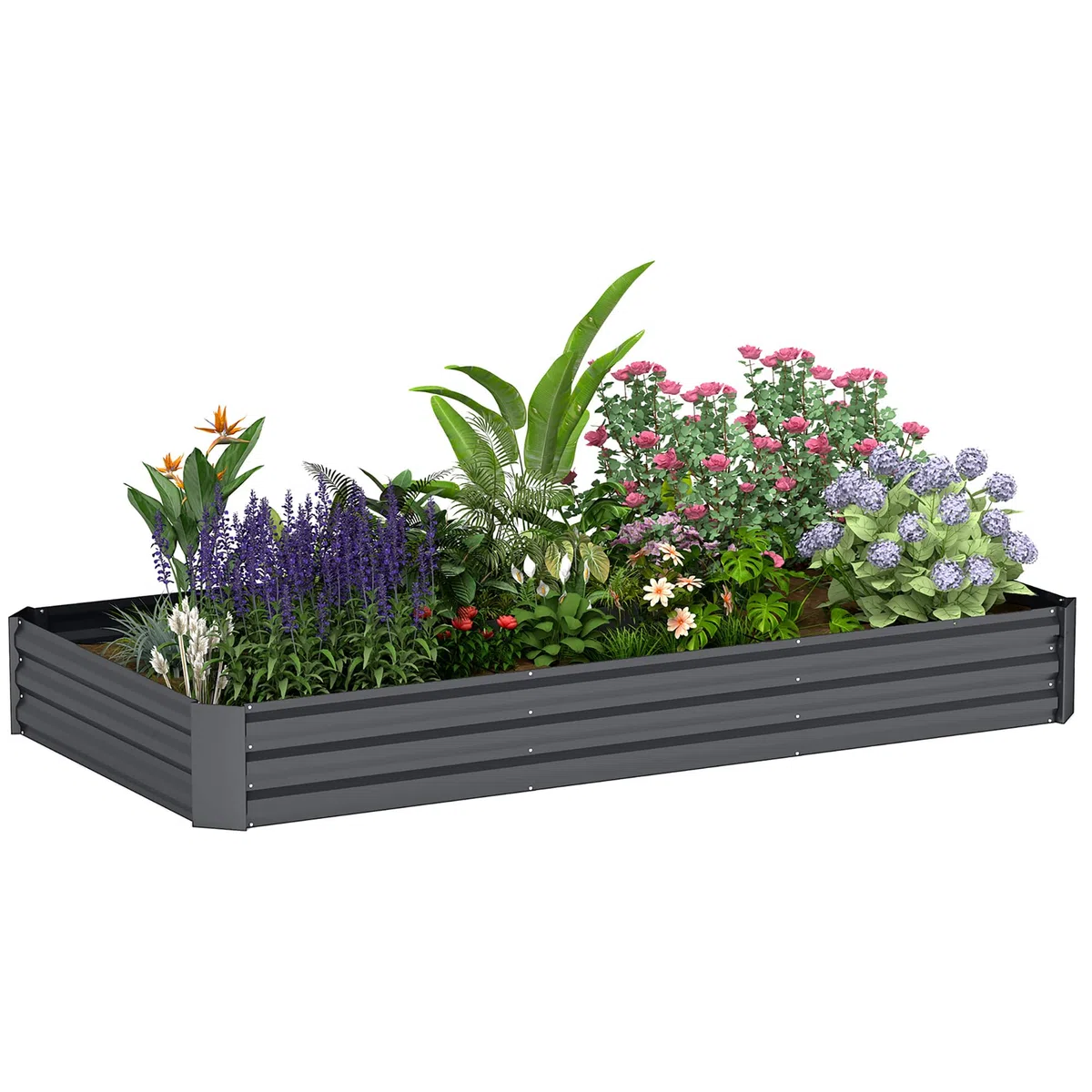 Outsunny Jardinera Rectangular de Exterior con Borde de Seguridad y Base Abierta para Flores y Hierbas, Acero Galvanizado, 240 x 120 x 30 cm, Gris Oscuro