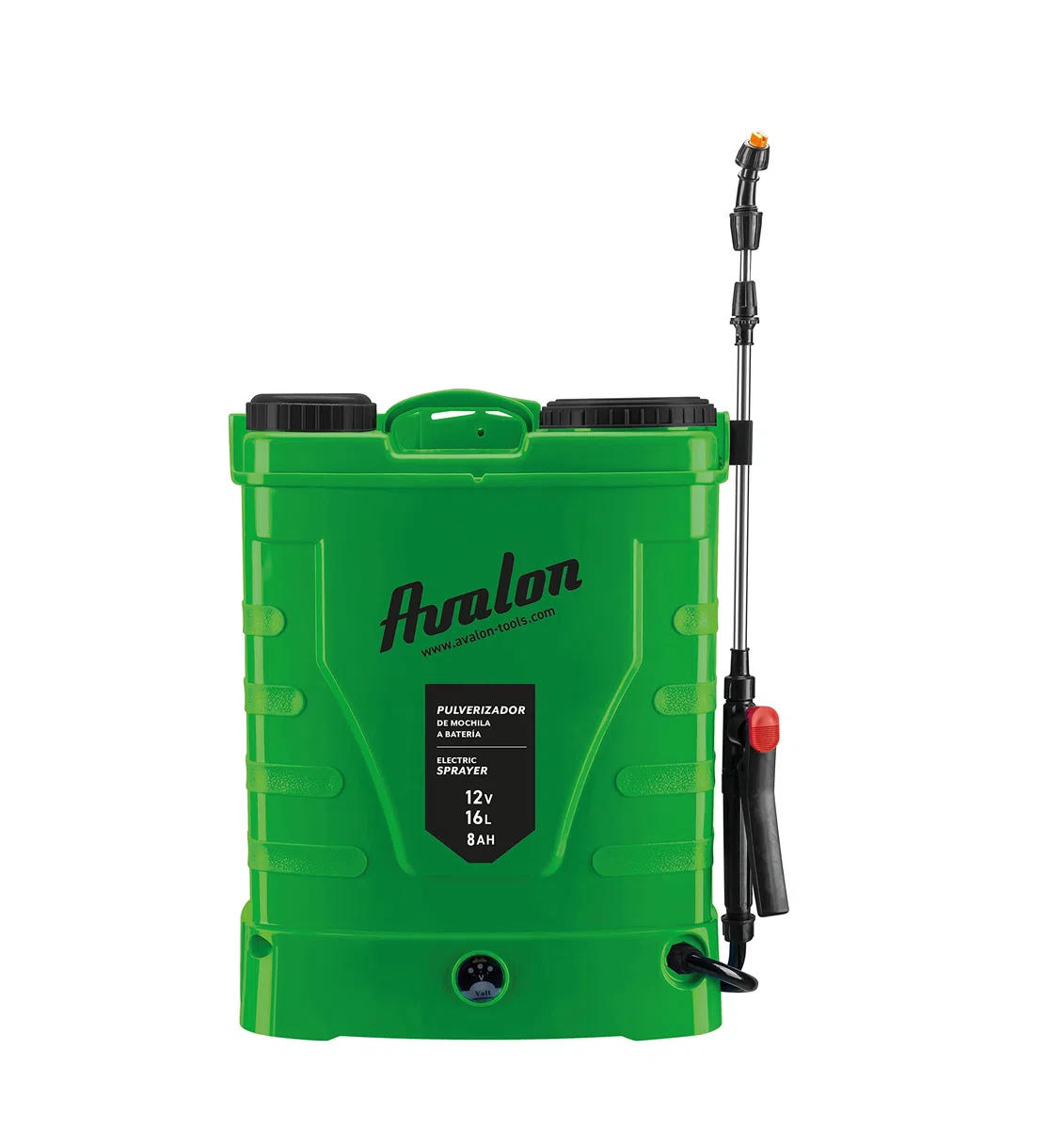 Avalon - Pulverizador de Mochila a Presión con Batería Recargable, Tanque 16L, Lanza INOX Verde. Incluye arnés, Cargador y Set de boquillas de pulverizado