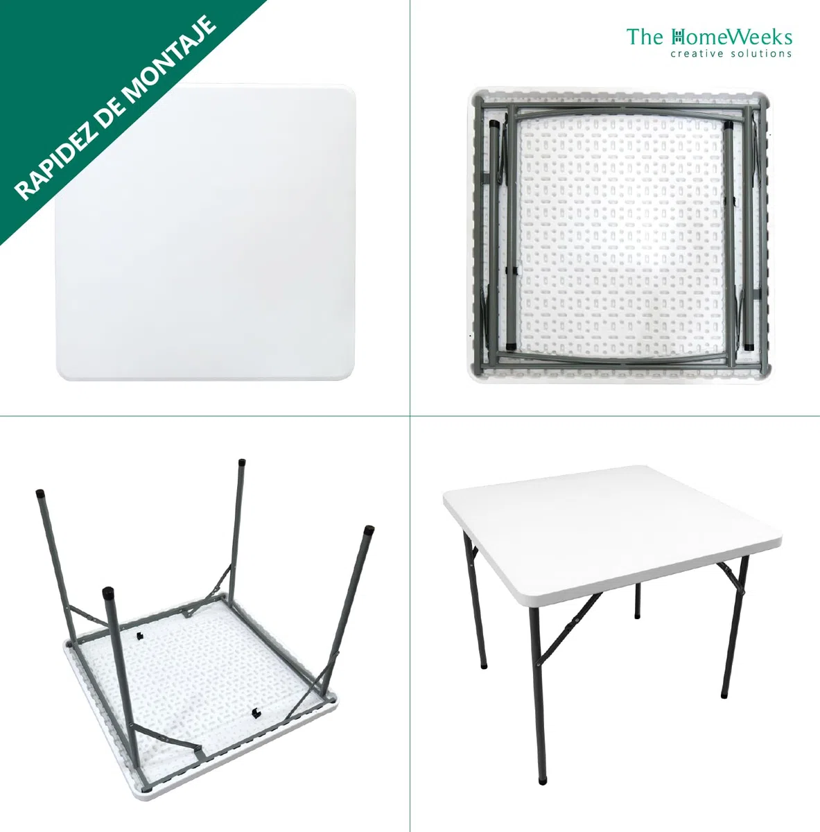 The Homeweeks Mesa plegable "SOLID SQUARE" 86*86*74cm | Portátil Multifuncional | Normativa Uso Público Interior/Exterior | EN 581-1/3 | Tablero Resina HDPE 3,8cm |4 Personas Carga 120 kg | Multiusos