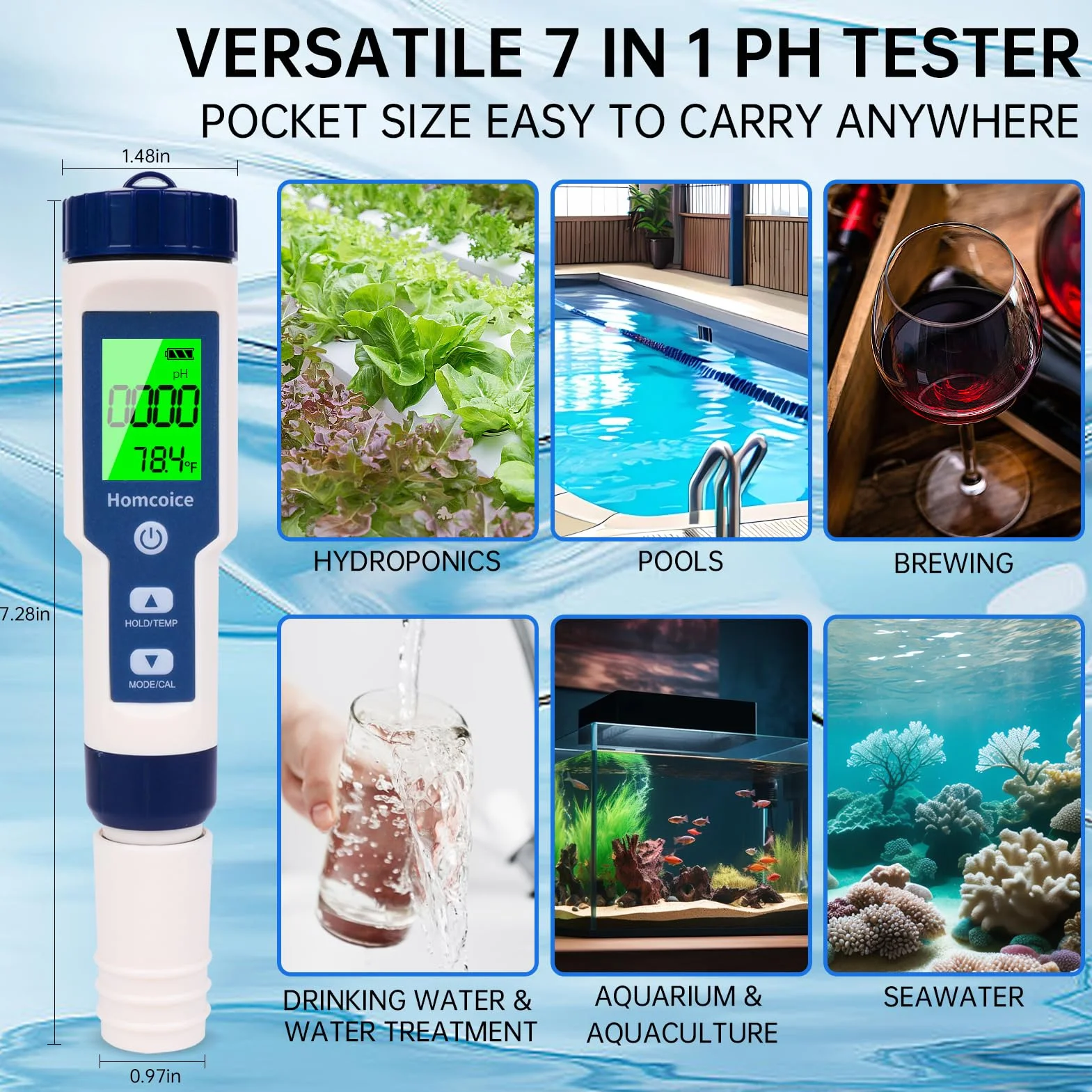Medidor pH 7 en 1, profesional medidor PH TDS EC SALT ORP S.G Temperatura, Tester Calidad Agua portátil para acuarios, piscinas, agua potable e hidroponía