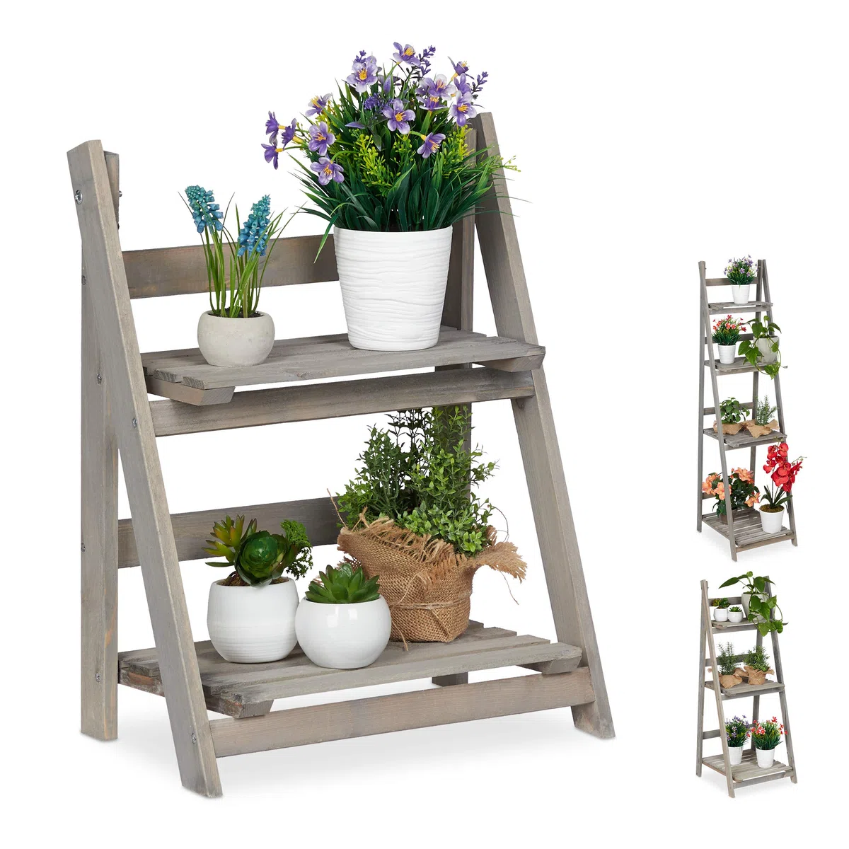 Relaxdays Estantería Plantas de 2 Niveles, Madera, Gris, 51,5 x 41 x 24 cm