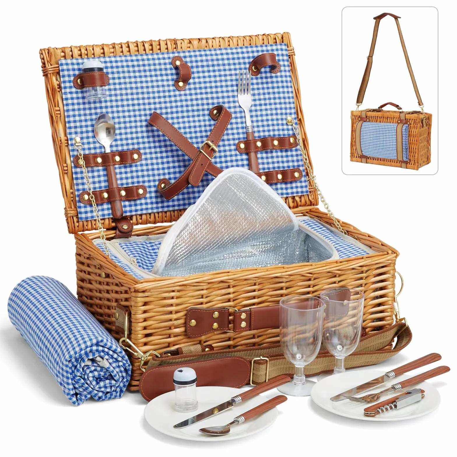 Juego de picnic de mimbre para 2 personas con compartimento enfriador y manta impermeable, correa extraíble, cubiertos, camping, viajes, playa