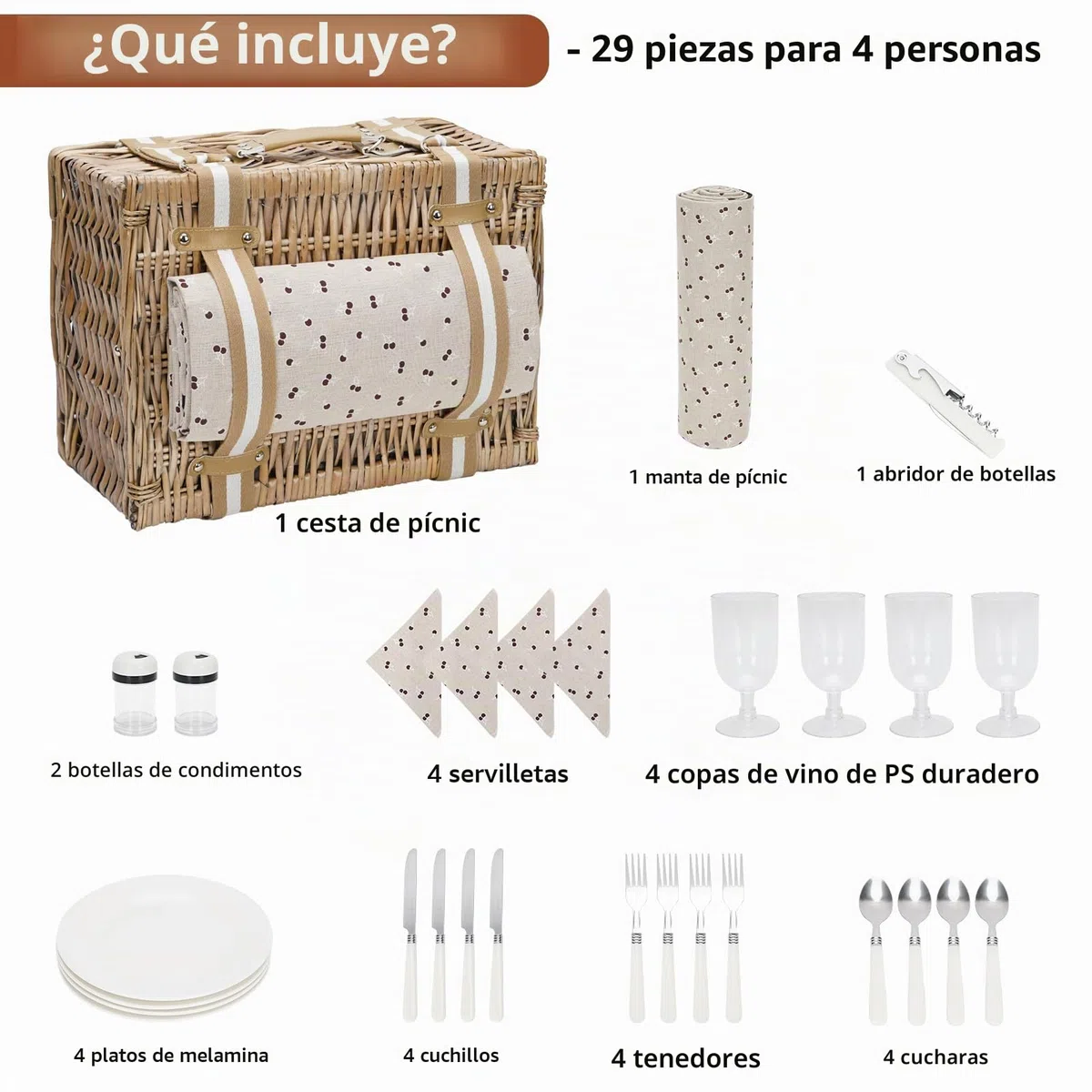 Juego de Cesta de Picnic Willow para 4 Personas con Bolsa térmica Grande y Manta Impermeable de Picnic, Cesta de Mimbre para Camping, al Aire Libre, día de San Valentín, Navidad, cumpleaños, etc.