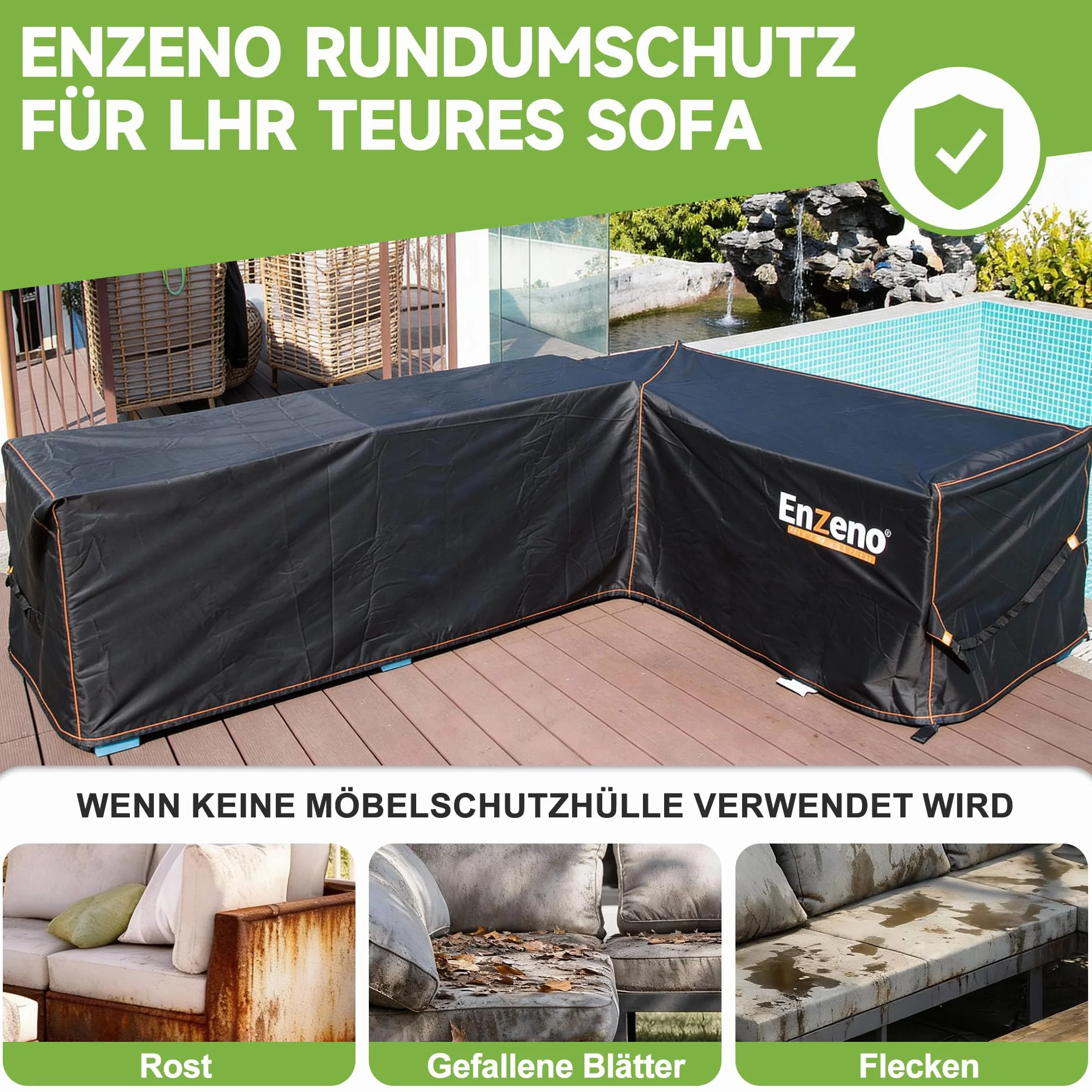 Enzeno Cubierta para Muebles de jardín para sofás en Forma de L (Izquierda Larga y Derecha), Lona Impermeable para sofá de Esquina, con Rayas, Impermeable, 210 x 140 x 75 cm