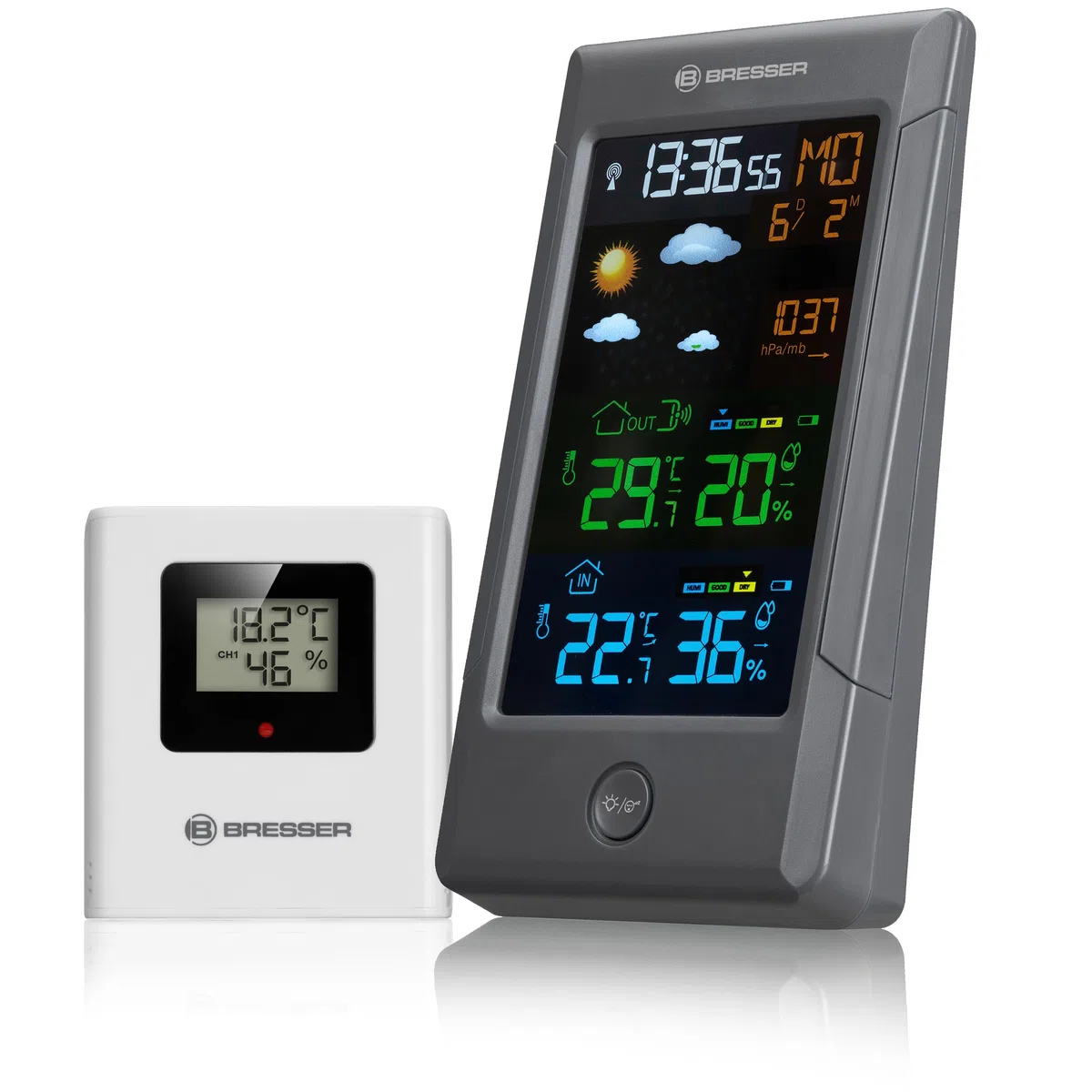 Bresser Estación meteorológica inalámbrica con sensor exterior ClimateTemp NBF, reloj radiocontrolado DCF, termómetro interior y exterior, higrómetro, previsión meteorológica y pantalla a color,