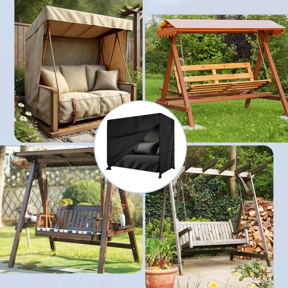 Funda para columpio de Hollywood, 210 x 125 x 170 cm, resistente al invierno, 3 – 4 plazas, resistente a desgarros, tejido Oxford para muebles de jardín, columpio de jardín (negro)