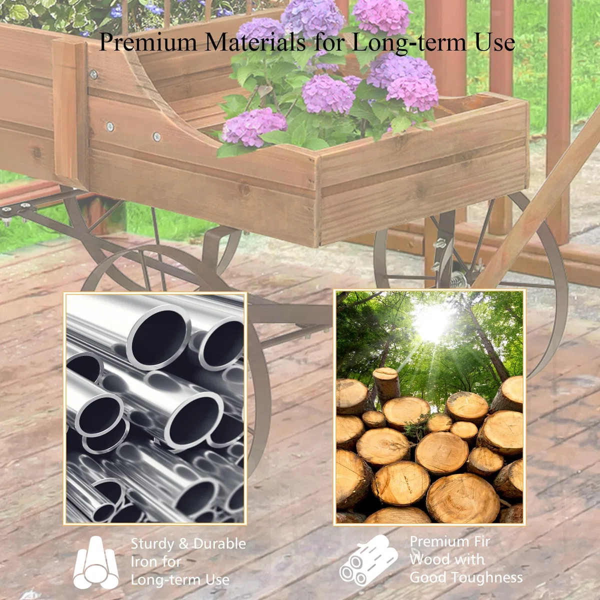 HOMASIS Jardinera Carrito de Madera para Plantas, Carretilla con Ruedas de Metal y 2 Compartimentos, Maceta en Forma de Monociclo Decorativo para jardín, terraza, Patio, 63x35x62,5cm (Marrón)