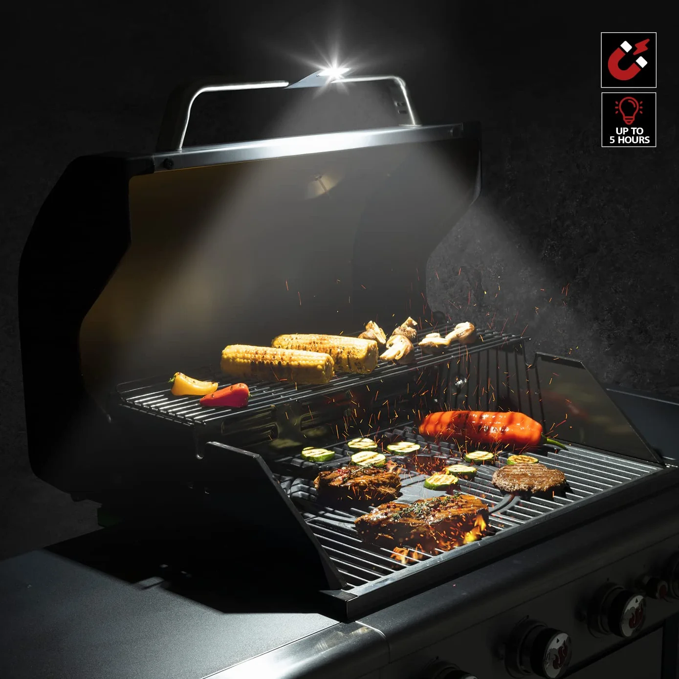 LANDMANN | Lámpara magnética para barbacoa | Tecnología LED de ahorro de energía | recargable | batería de iones de litio | Función de temporizador | Hasta 5 horas de duración de la luz
