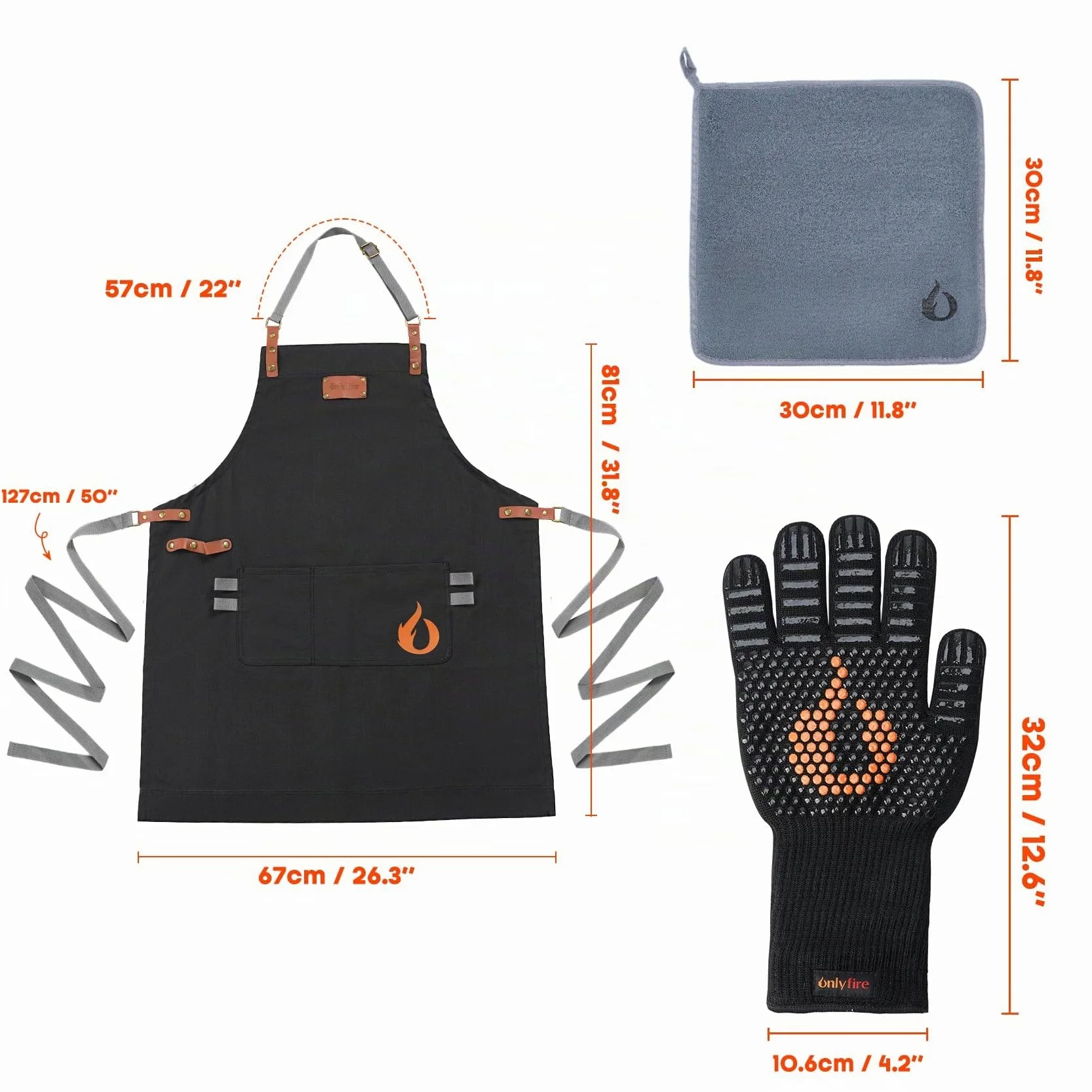 onlyfire Juego de Utensilios para Barbacoa de 3 Piezas, Contiene Delantal de Barbacoa Ajustable Con 2 Bolsillos, Guantes Barbacoa Resistentes y Paño de Microfibra, Kit de Accesorios para Cocinar