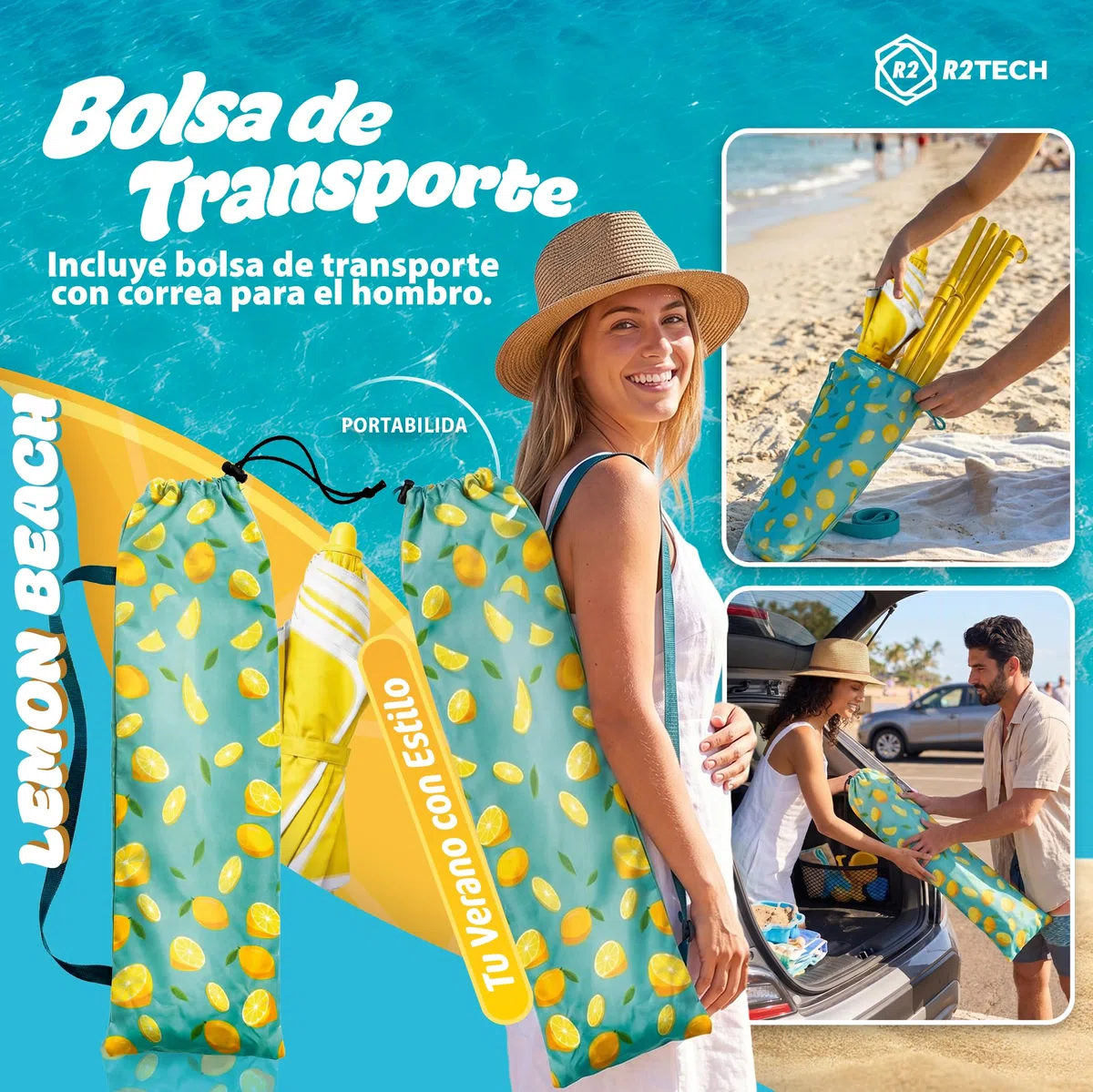 SUPER PACK Sombrilla Playa Plegable | Parasol con Altura 210cm y Diámetro 160cm | Sombrilla Compacta para Maleta | Protección Verano 2 Plazas UPF 50+ | Mástil Aluminio Amarillo 109C