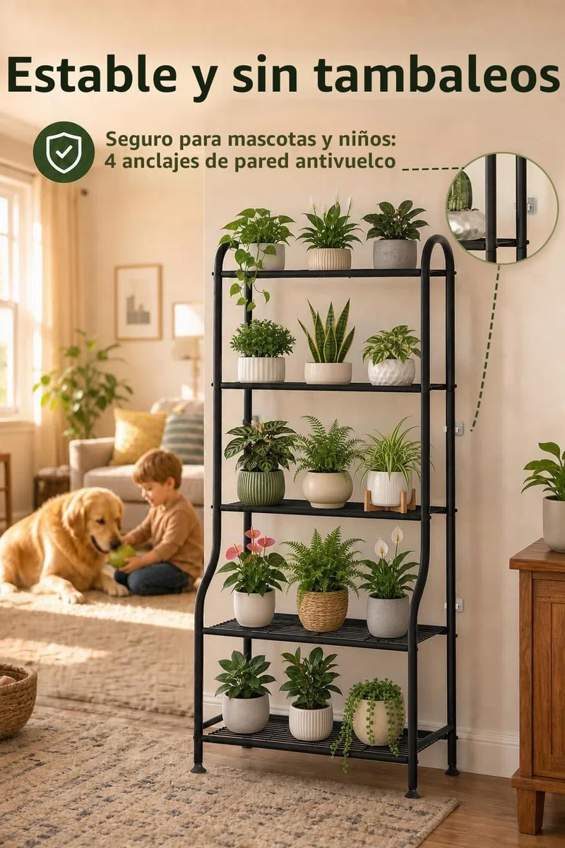 Soporte de metal para plantas de 5 niveles, estante de flores resistente para interiores y exteriores para múltiples macetas, soporte vertical de 65 pulgadas de alto con patas de nivelación