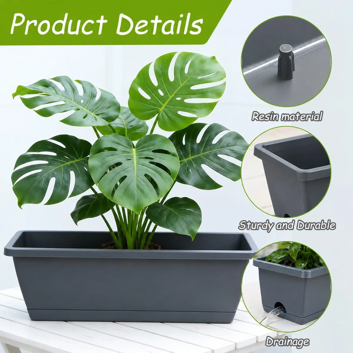 Jardineras Exterior, Juego de 6 Piezas Jardinera Balcon, Jardinera para Alféizar de Ventana Exterior con Depósito/Platillo de Agua, Macetas de Plástico para Balcón y Terraza