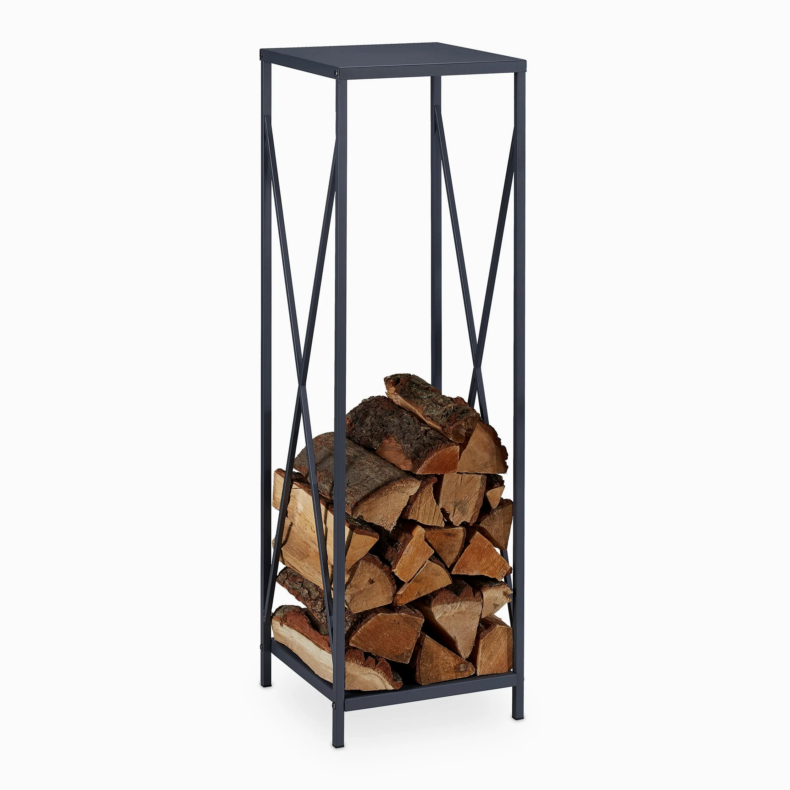Relaxdays Leñero Vertical, Soporte Leña Metal, 112x34x34 cm, Bandeja Leños Acero, Accesorio Chimenea, Interior, Gris