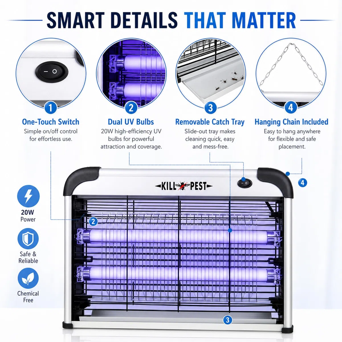 Lámpara Antimosquitos Eléctrica 2500V, 20W UV Exterminador de Insectos, Mata Moscas con Bandeja Extraíble, Trampa para Mosquitos para Casa, Cocina, Dormitorio, Salón