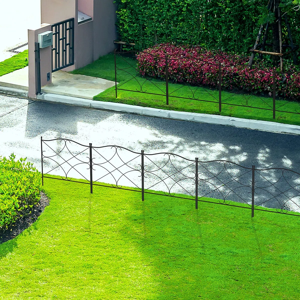 Outsunny Vallas Decorativas para Jardín de 5 Paneles 305x62 cm Cerca de Privacidad de Metal con Estacas y Bordes de Césped Barrera para Animales Negro