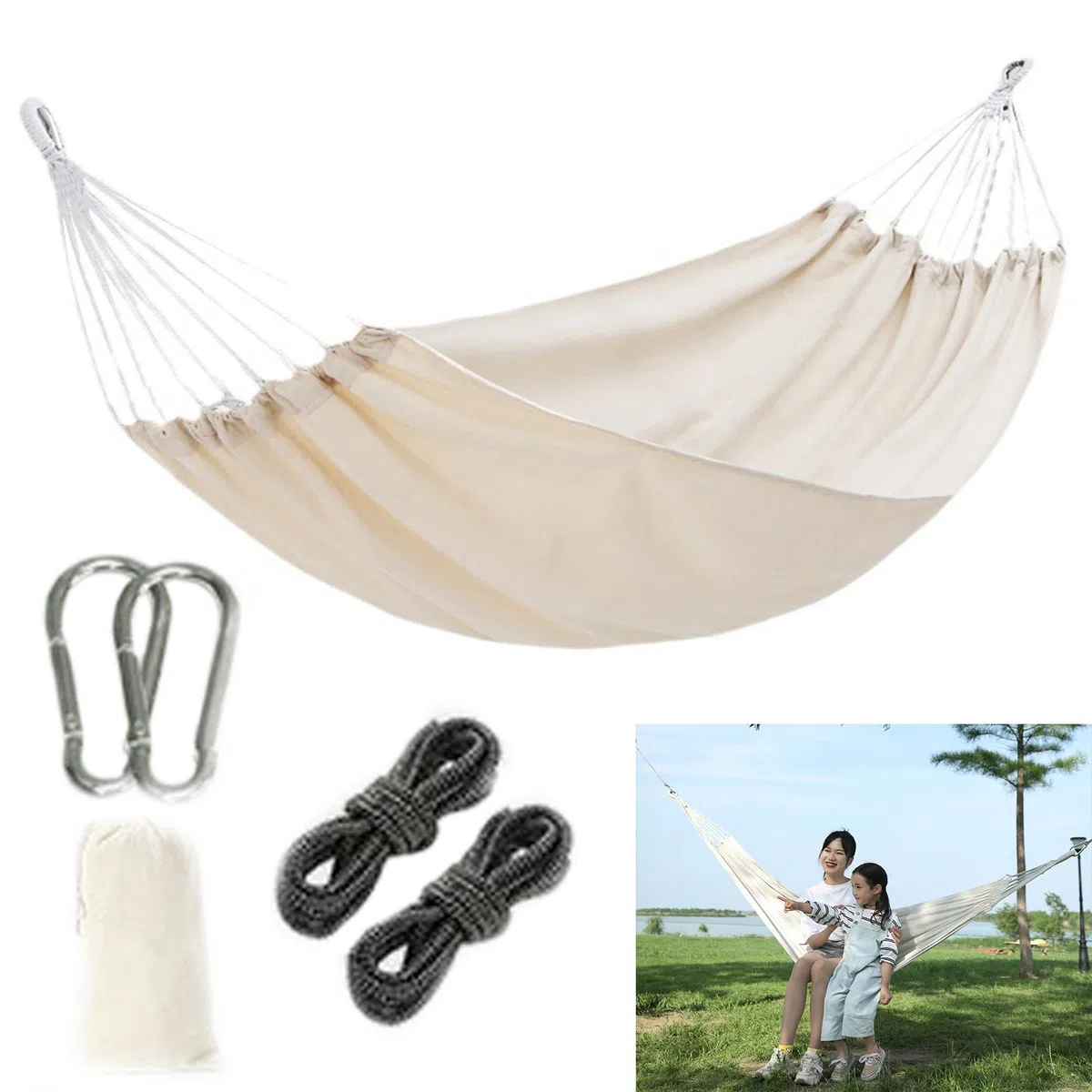 Hamaca Individual Al Aire Libre Tumbona Colgante - Beige, 1 Pieza, Hamacas Plegables, para Terraza, Balcón, Jardín y Camping Libre, con Bolsa de Almacenamiento, Correas Mosquetones