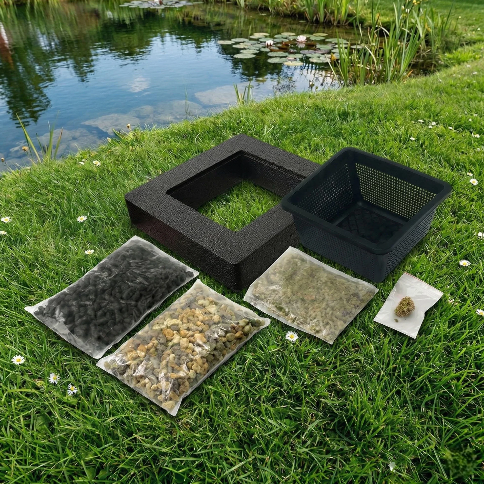 vdvelde․com - Isla Flotante para Estanque 25x25 cm, Anillo de Plantación Kit Completo sin Plantas, con Cesta, Sustrato, Abono y Grava, Accesorios para Nenúfares y Plantas Palustres