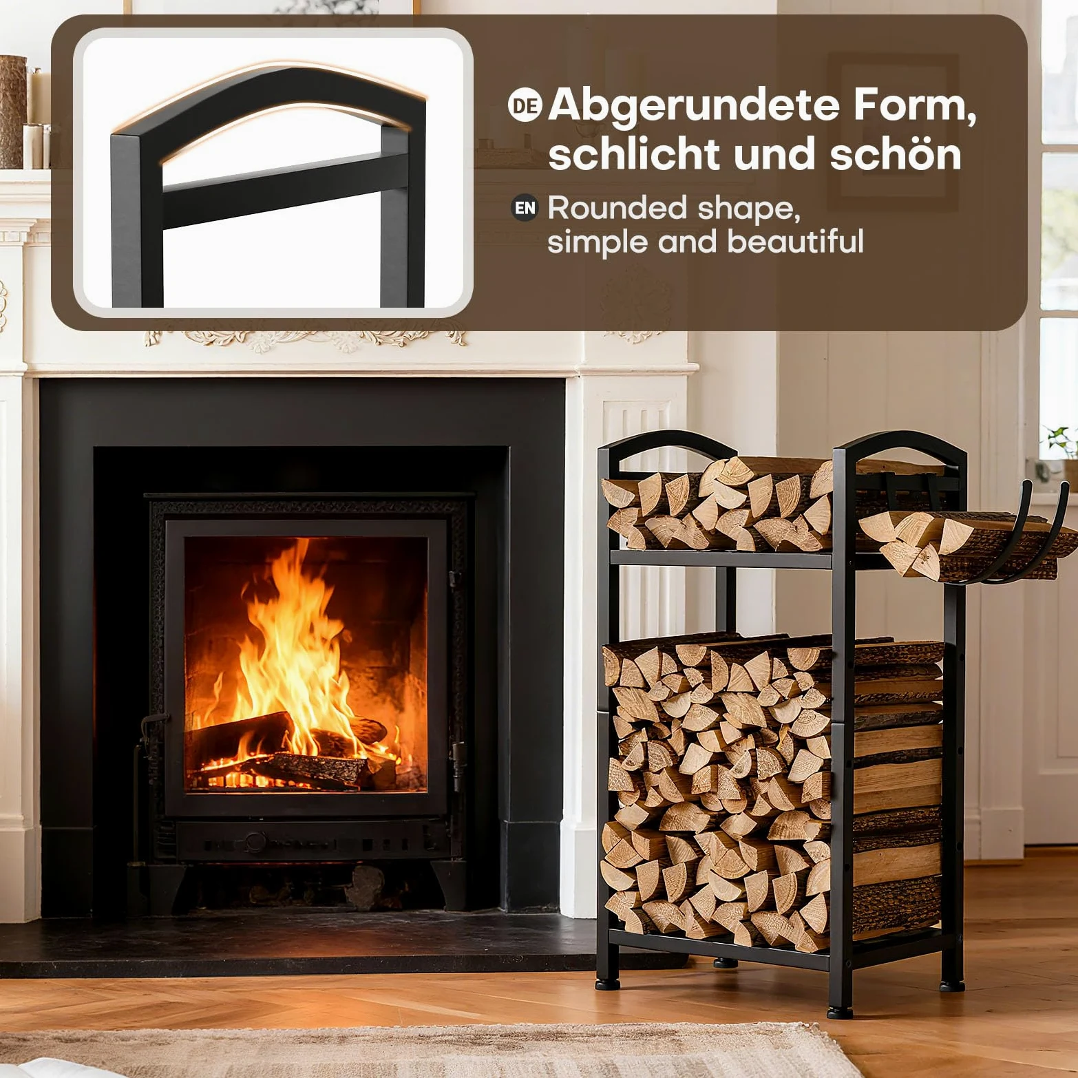 Yorbay Estantería para leña interior de metal pequeña: estante de doble capa con ganchos y bolsa para leña de chimenea - Negro Estante de madera robusto para chimenea - almacenamiento exterior de leña