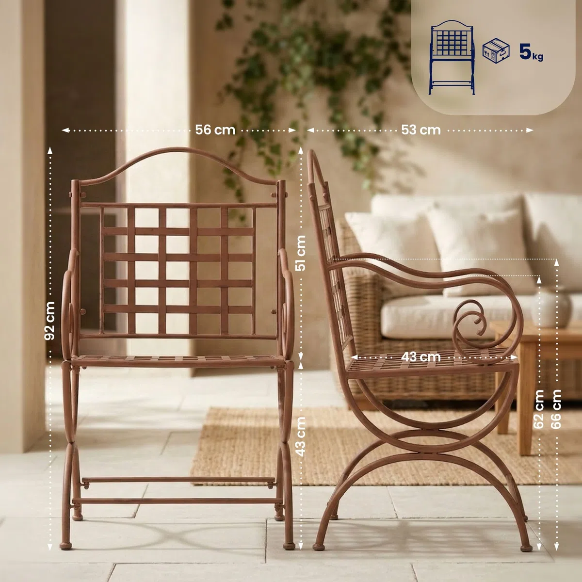 CLP Silla de Jardín Lotta de Metal, Hecha a Mano Estilo Art Nouveau, con Reposabrazos y Refuerzos, Hierro Antiguo, Robusta para Terraza y Jardín, Color:Antiguo marrón