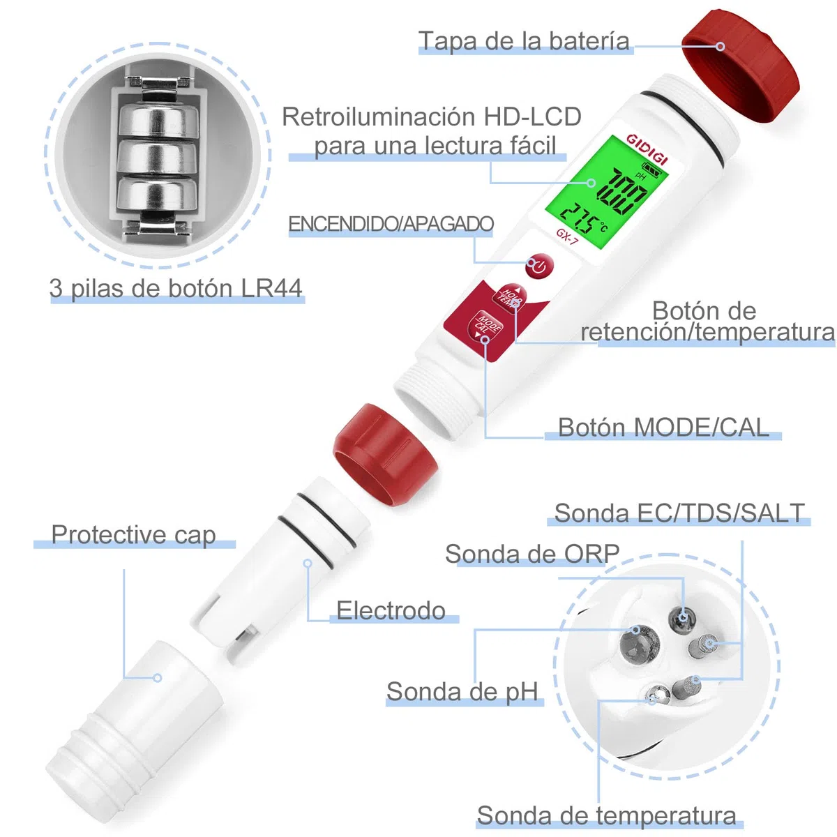 Medidor de Cloro y pH Digital, 7 en 1 Comprobador pH y Cloro Piscina, Medidor de ORP Cloro Sal EC PPM, Test Sal y Cloro para Piscinas, Hidroponía, Agua Potable y Pecera de Agua Salada