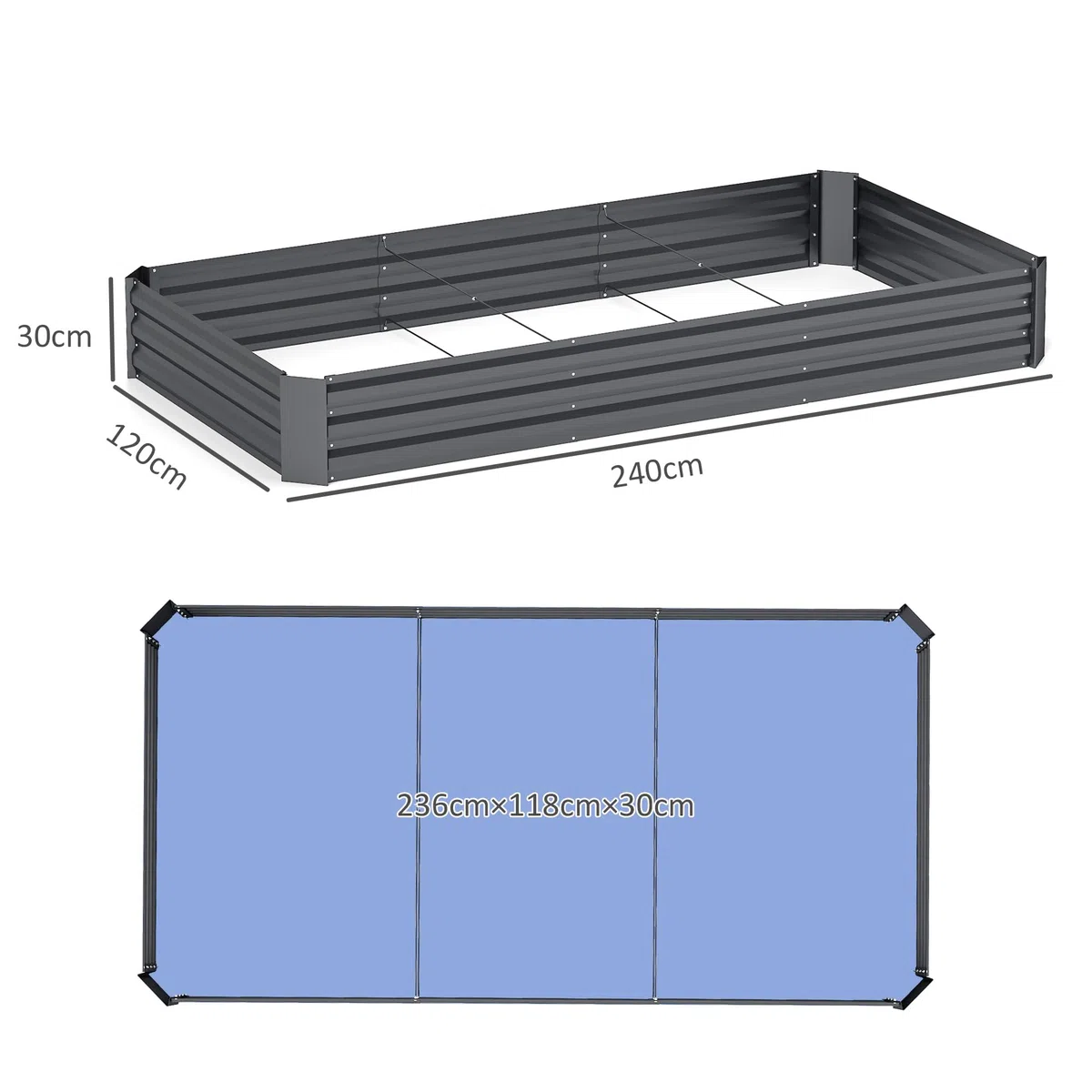 Outsunny Jardinera Rectangular de Exterior con Borde de Seguridad y Base Abierta para Flores y Hierbas, Acero Galvanizado, 240 x 120 x 30 cm, Gris Oscuro