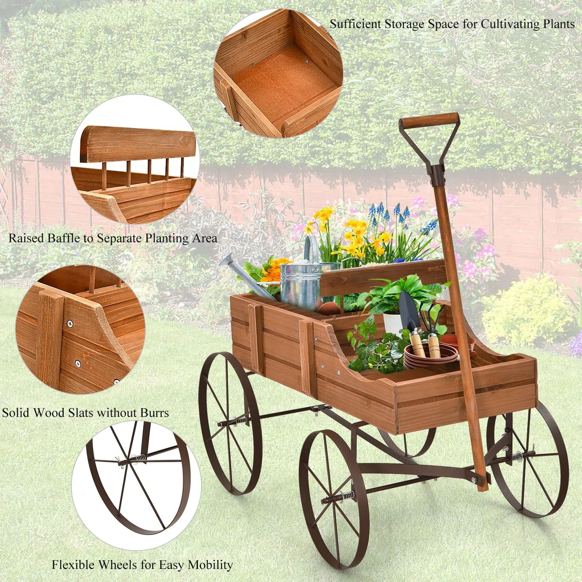 HOMASIS Jardinera Carrito de Madera para Plantas, Carretilla con Ruedas de Metal y 2 Compartimentos, Maceta en Forma de Monociclo Decorativo para jardín, terraza, Patio, 63x35x62,5cm (Marrón)