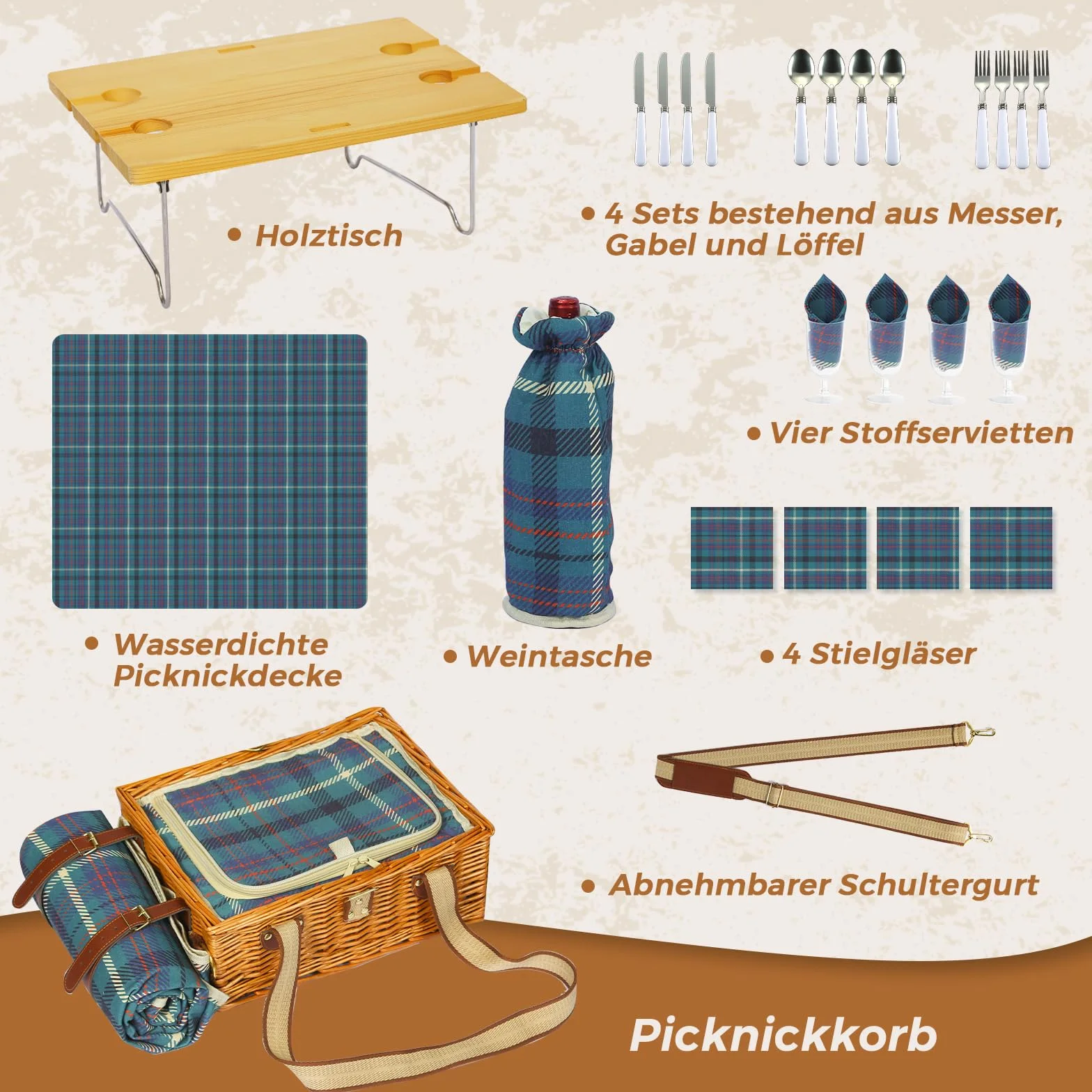 Set de cesta de picnic con mesa plegable y juego de cubiertos, cesta de picnic para 4 personas con bolsas de hielo, cesta de mimbre con asa, cesta de mimbre set de regalo para picnic, camping
