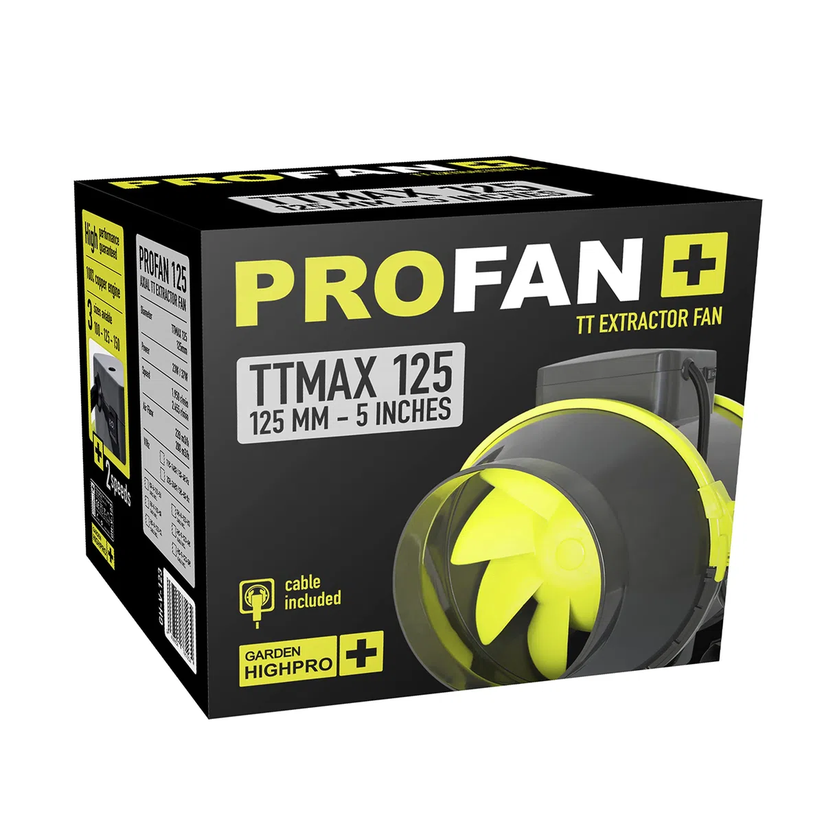 GARDEN HIGHPRO | PROFAN TTMAX Extractor FAN 125 mm | Extractor aire cultivo | Extracción cultivo | Flujo aire de hasta 280 m3/h | Bajo consumo | Cable incluido