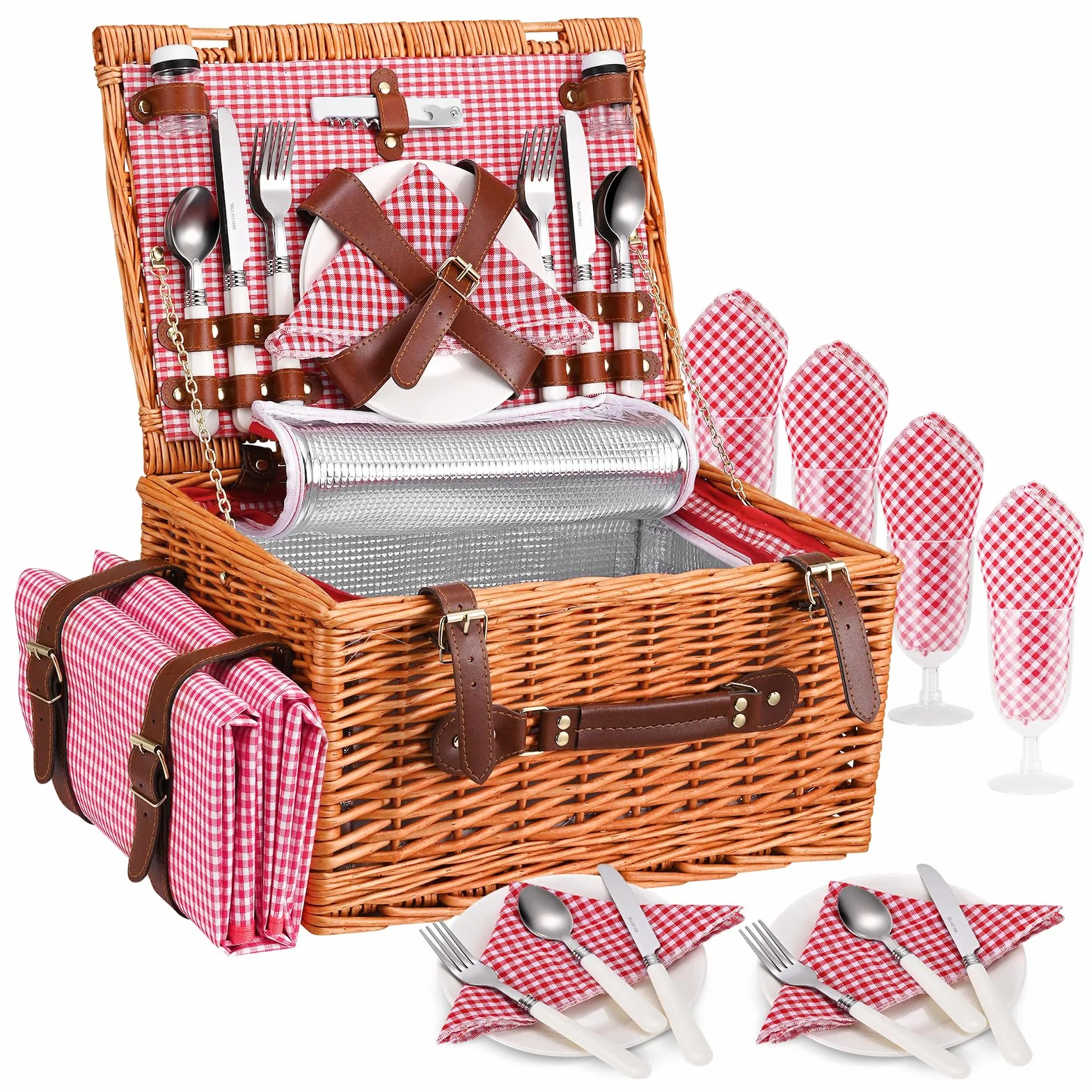 Juego de Cestas de Picnic de Mimbre para 4 Personas, con Compartimento Refrigerante, Manta Impermeable, Platos, Vasos, Cubiertos, para Acampada, Excursiones (Rojo, Hebillas de Cuero)